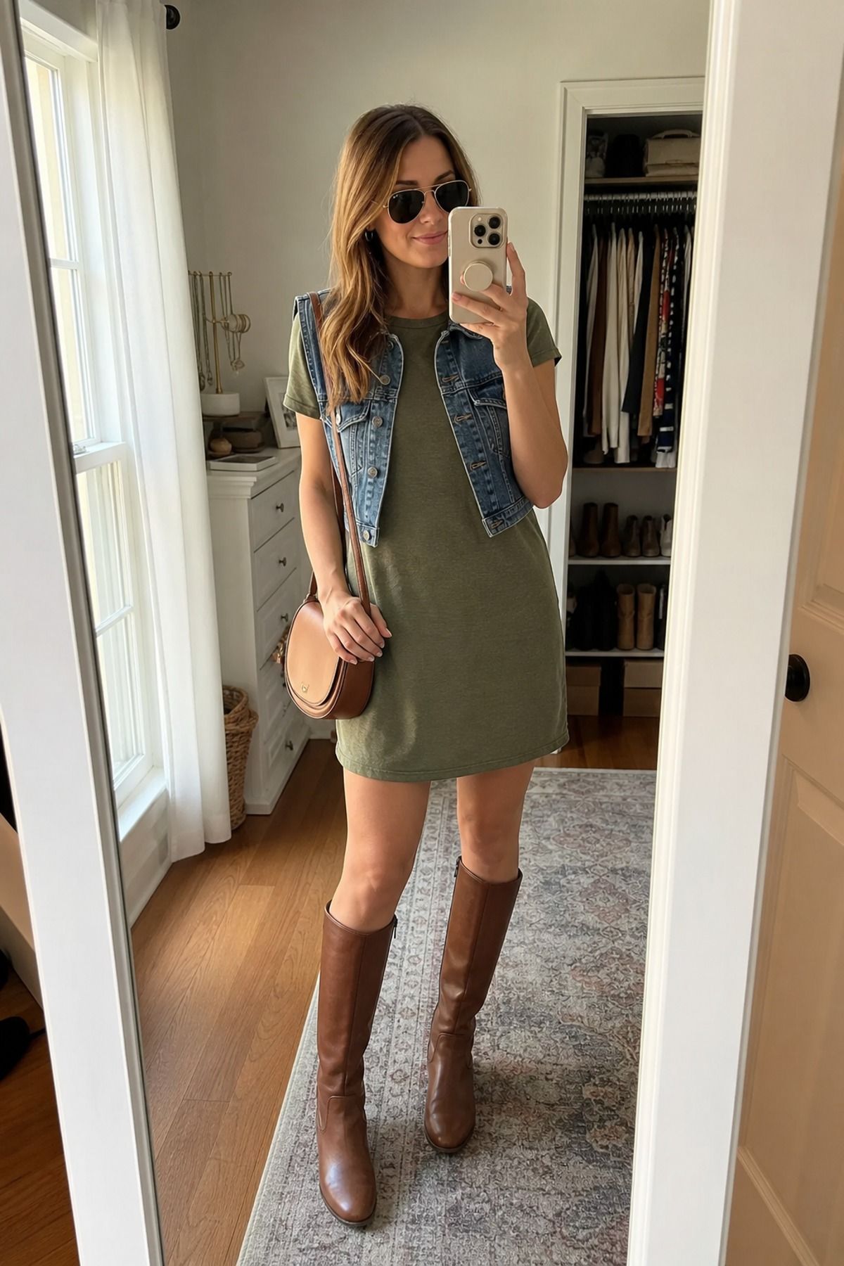 Woman wearing a t-shirt dress with knee-high boots
