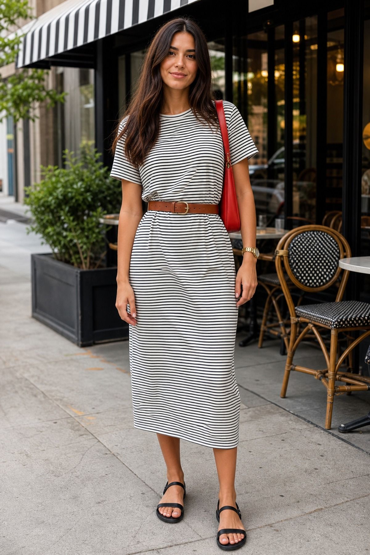 Woman wearing a t-shirt dress with a belt