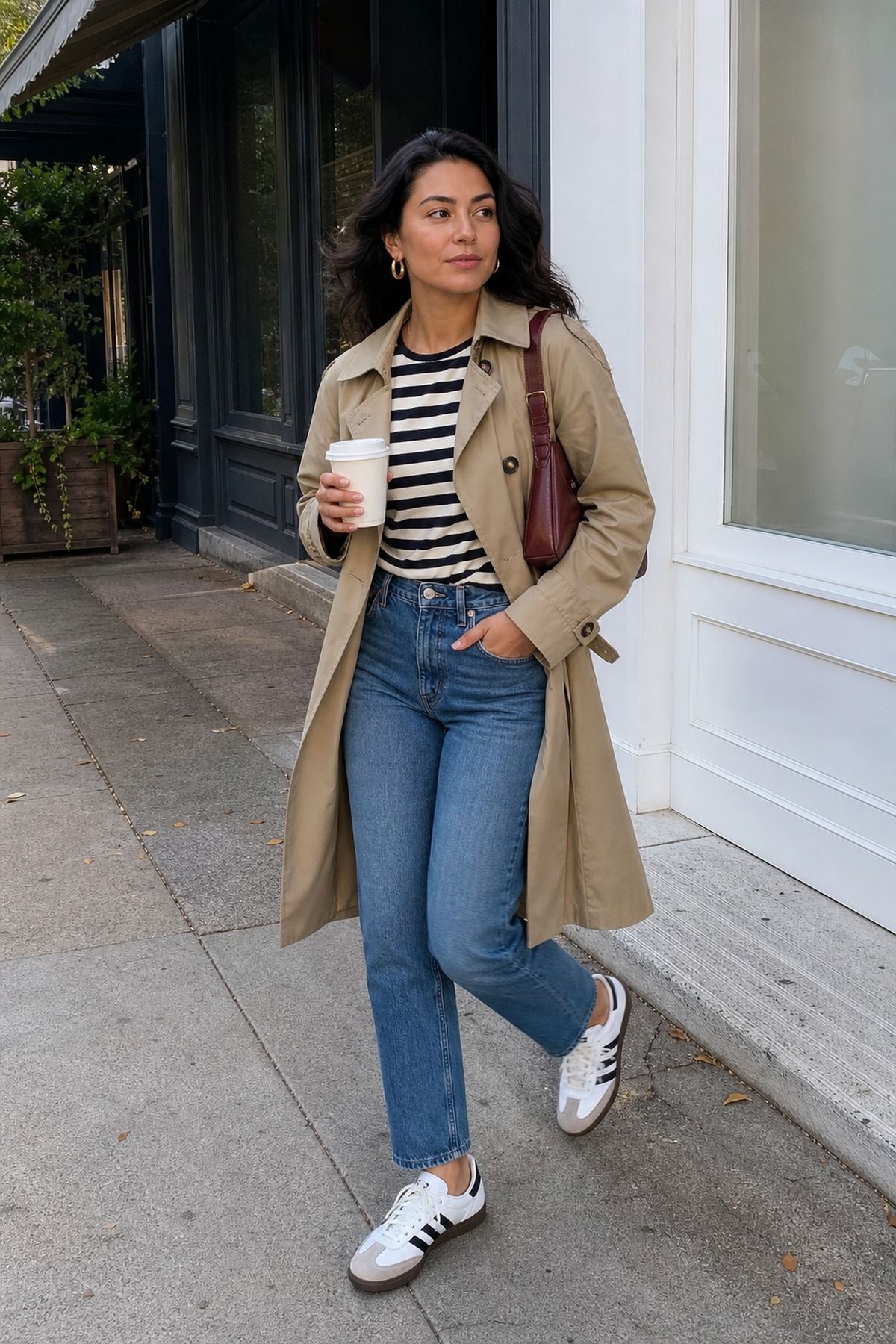 Woman wearing straight jeans with Adidas Sambas