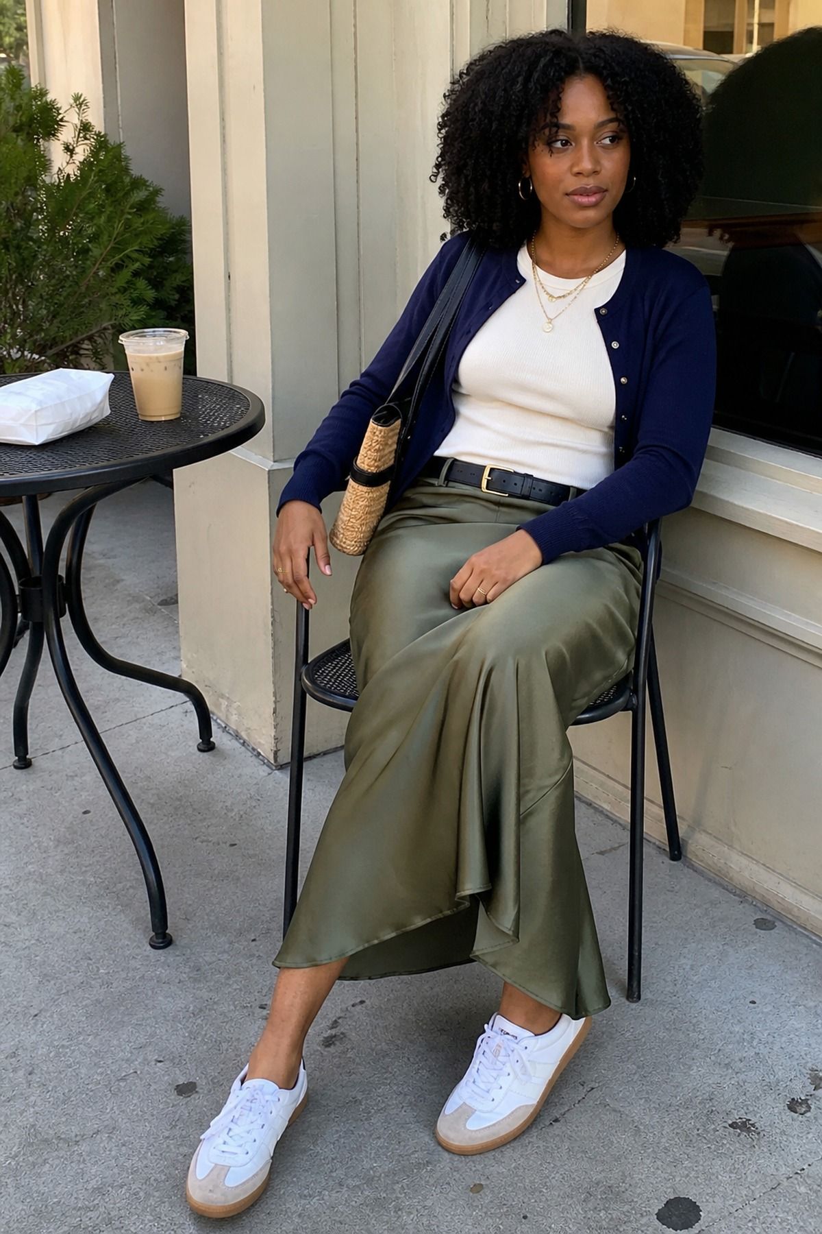 Woman wearing a midi skirt with Adidas Sambas