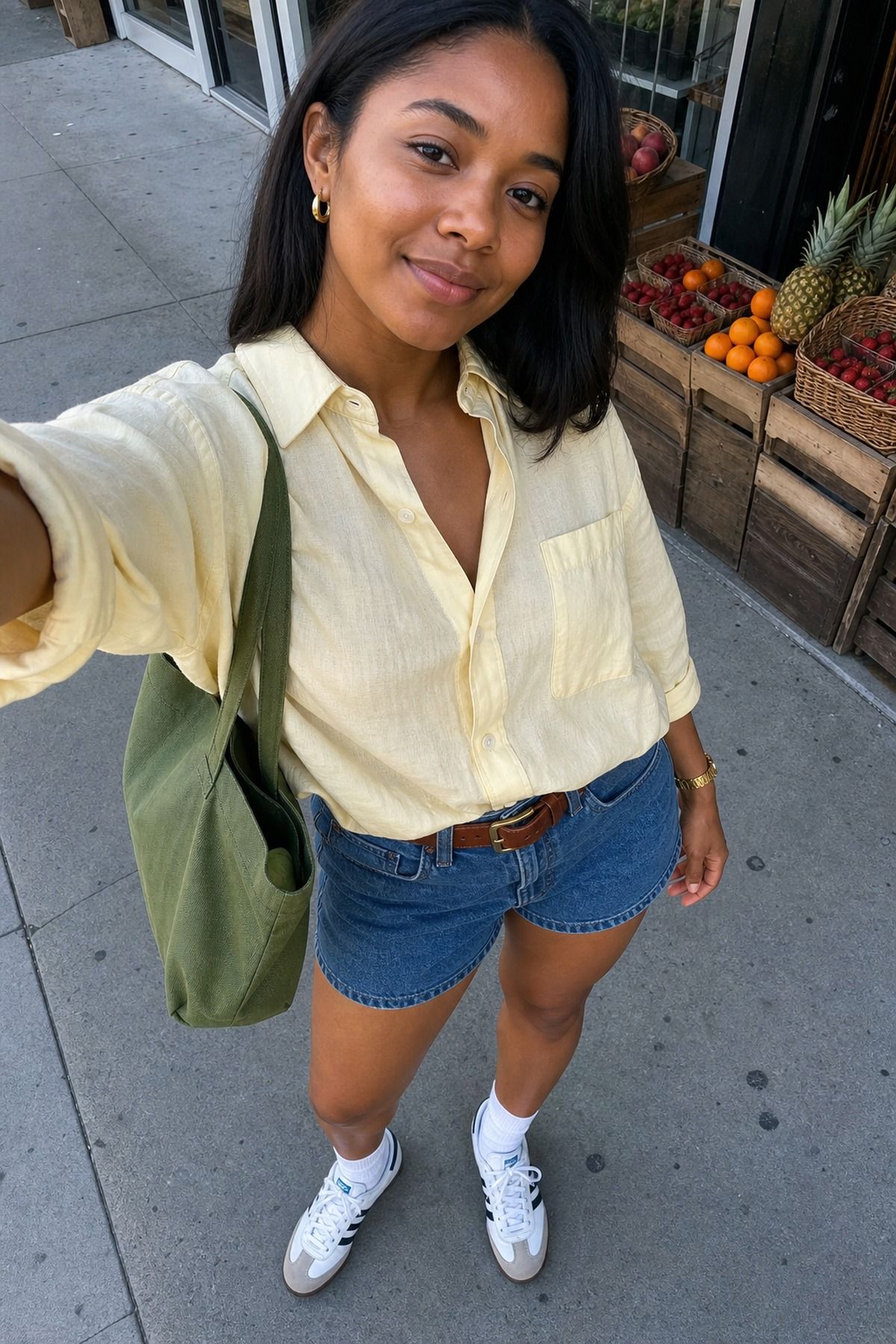 Woman wearing denim shorts with Adidas Sambas