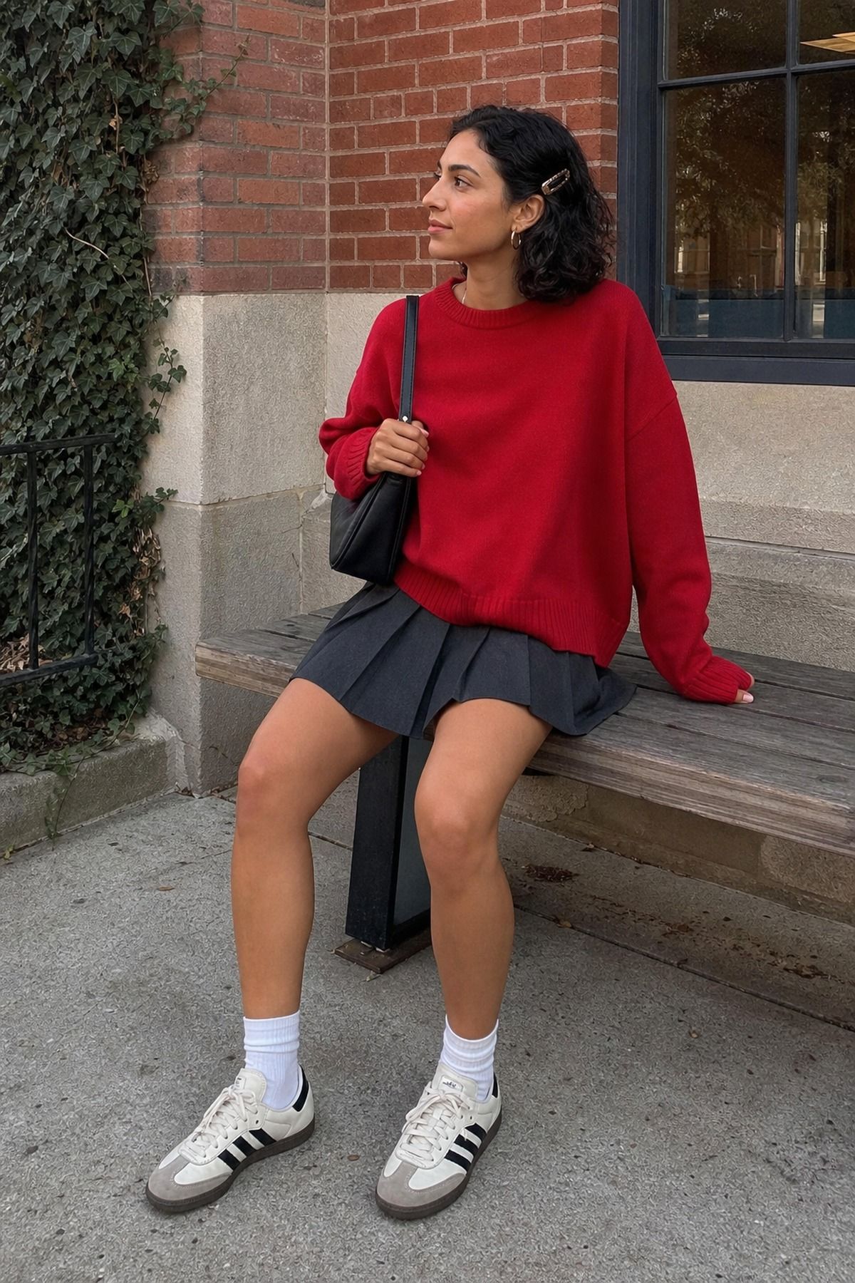 Woman wearing a mini skirt with Adidas Sambas