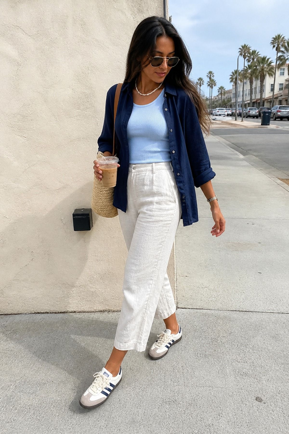 Woman wearing linen pants with Adidas Sambas