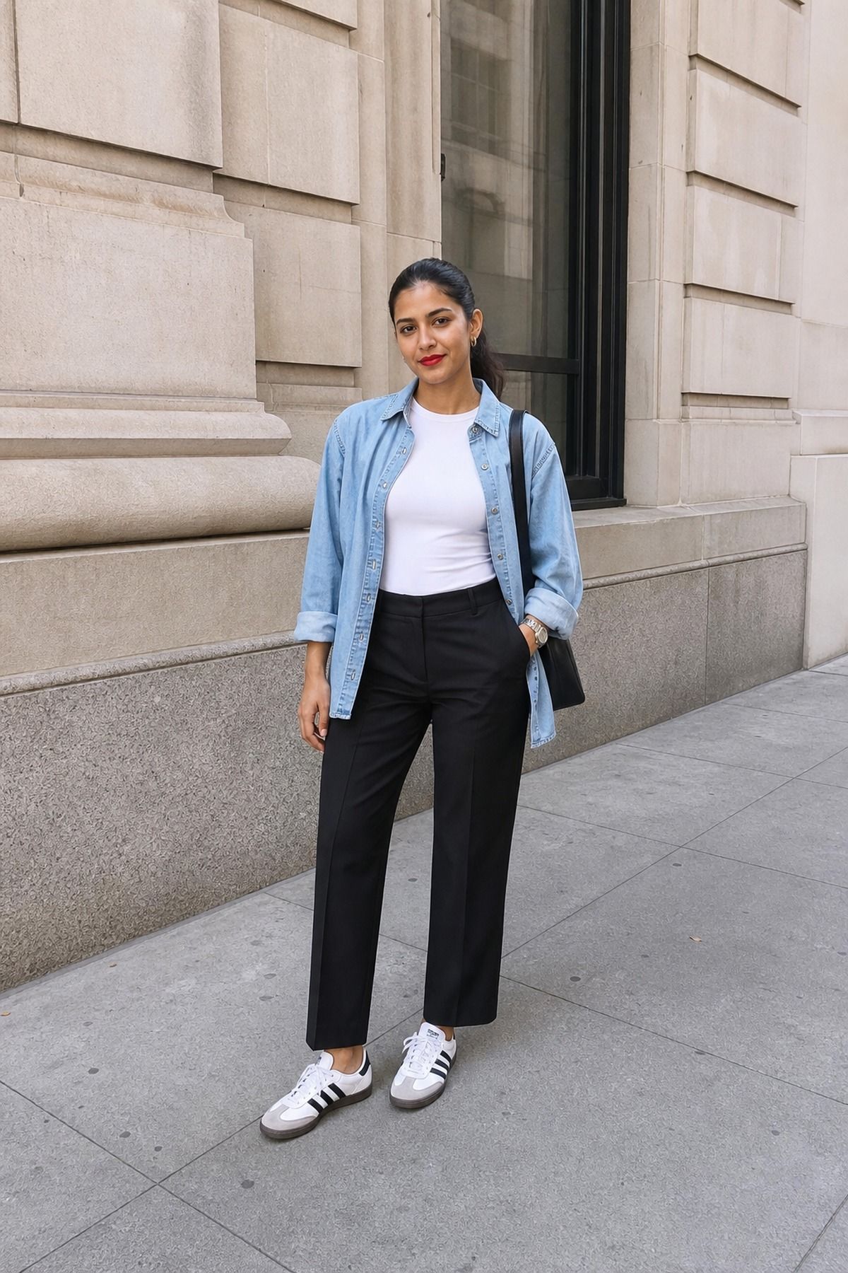 Woman wearing black trousers with Adidas Sambas