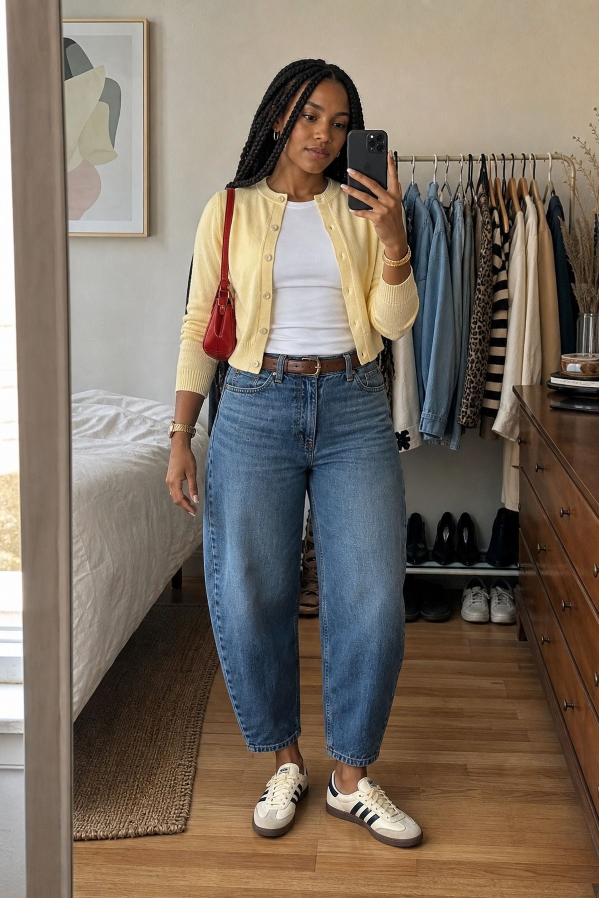 Woman wearing barrel jeans with Adidas Sambas