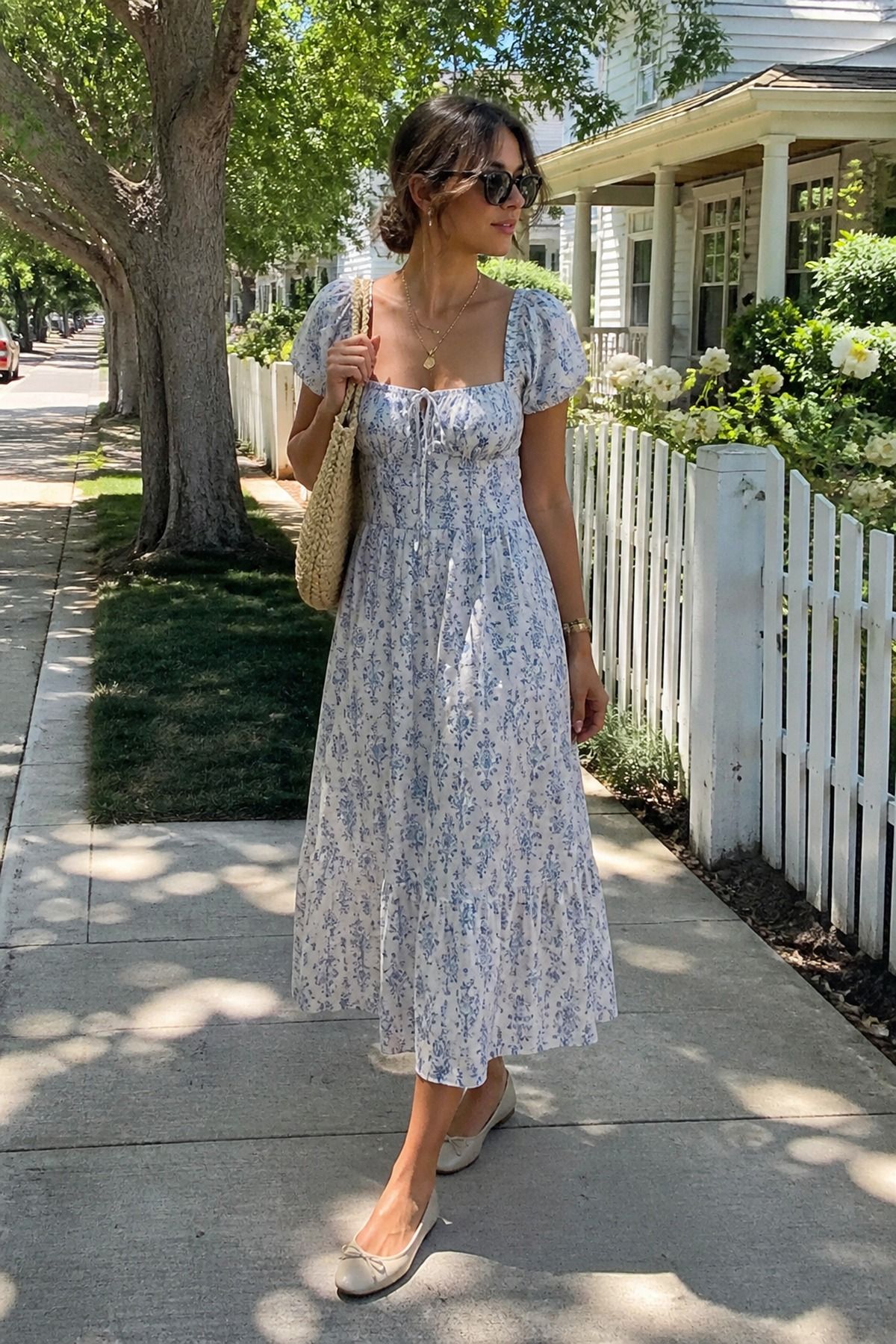 Woman wearing a summer dress with ballet flats
