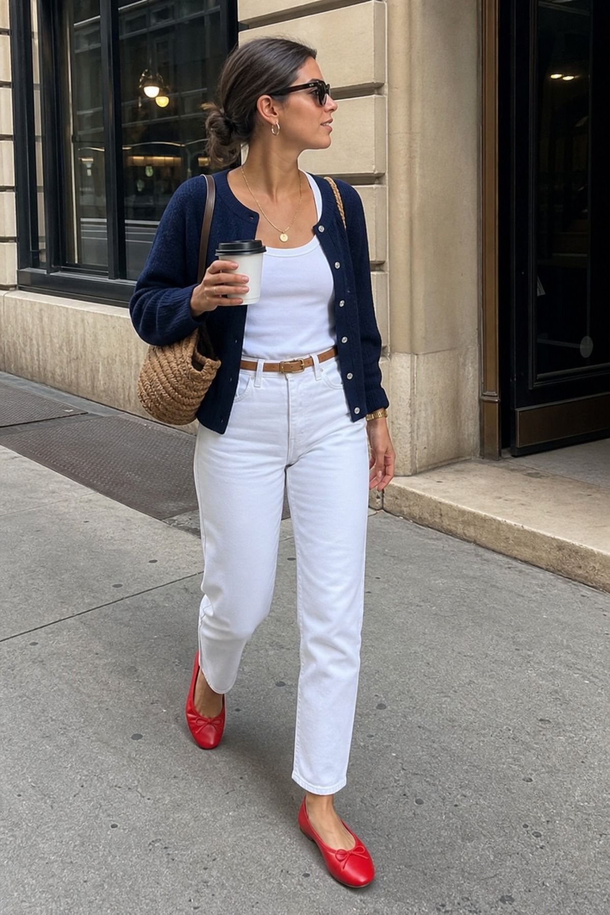 Woman wearing white jeans with ballet flats