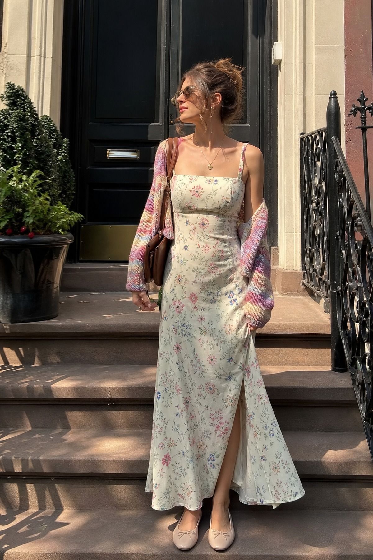 Woman wearing a maxi dress with ballet flats