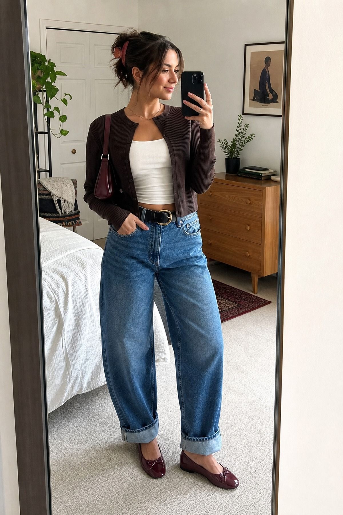 Woman wearing barrel jeans with ballet flats