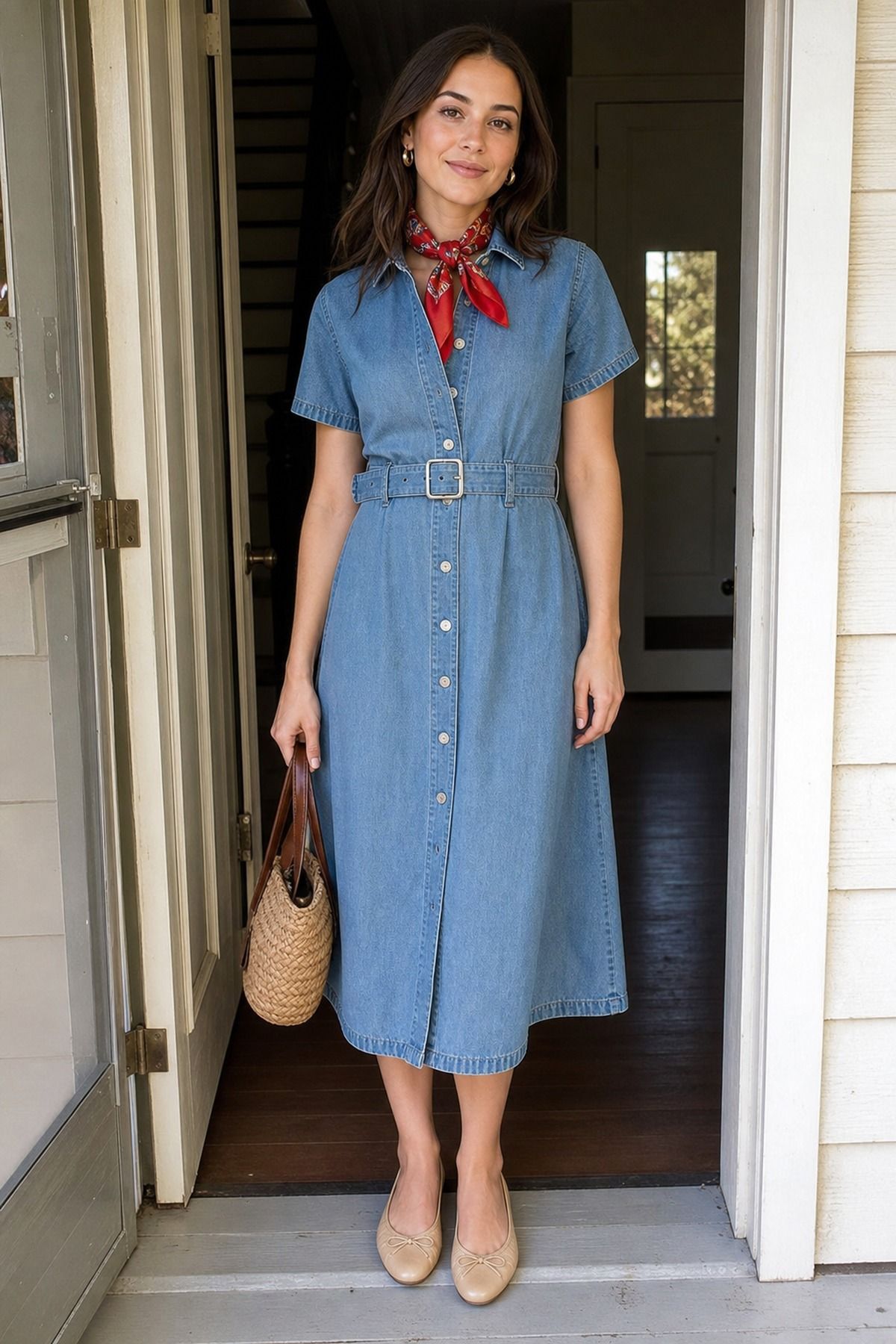 Woman wearing a denim dress with ballet flats