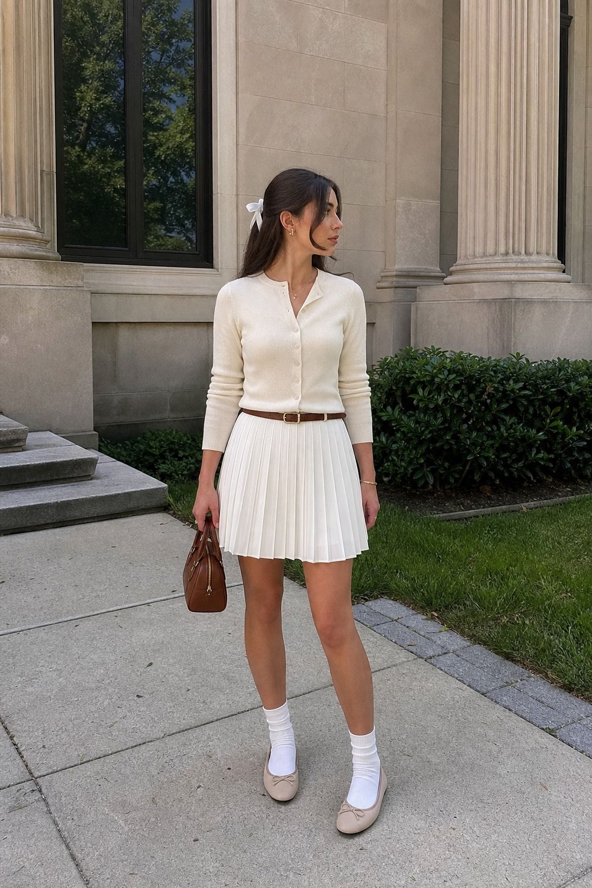 Woman wearing a pleated skirt with ballet flats