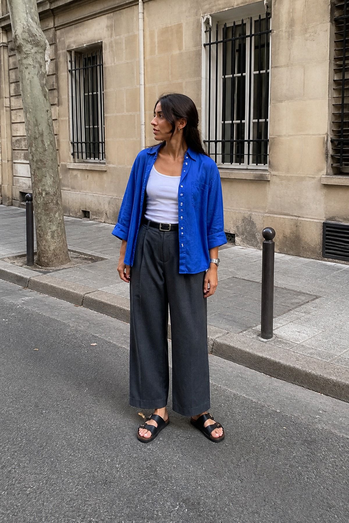 Woman wearing wide-leg trousers with Birkenstocks