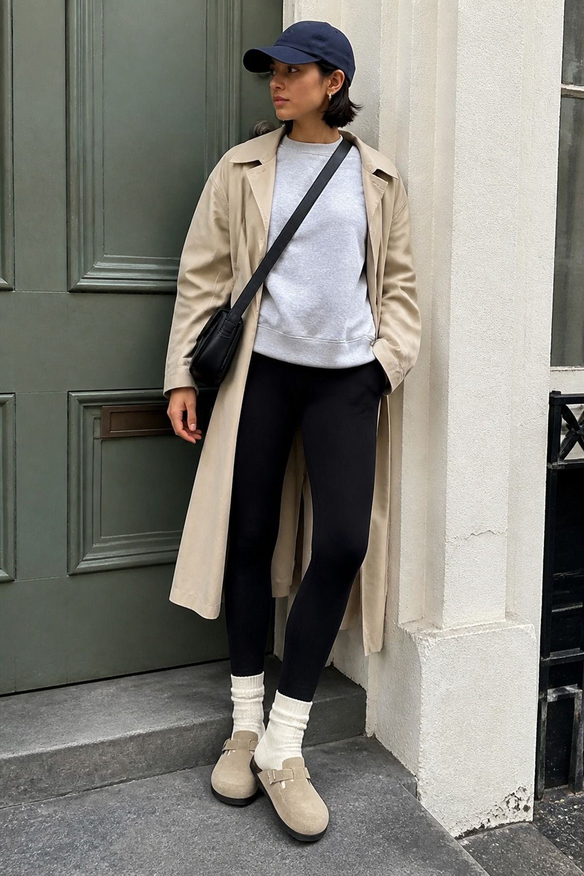 Woman wearing leggings with Birkenstocks