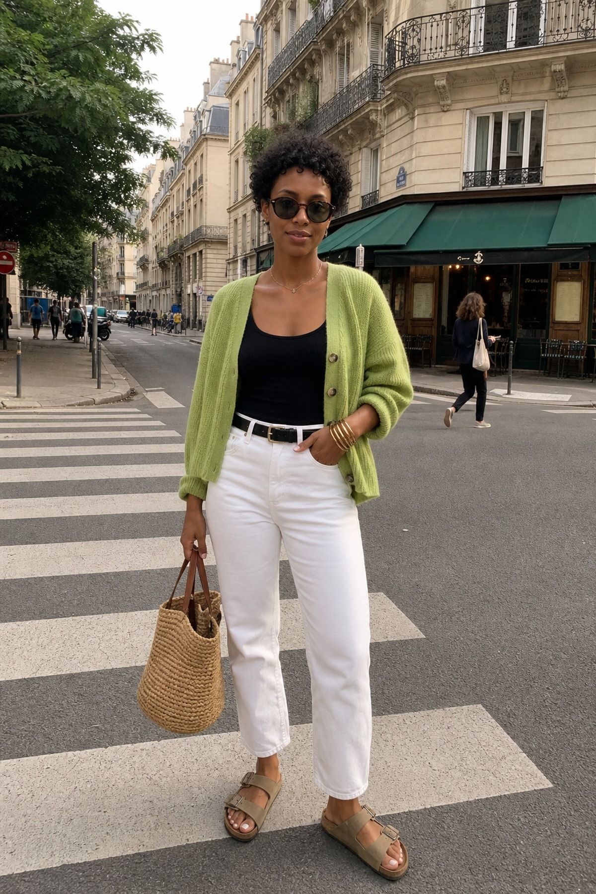 Woman wearing white jeans with Birkenstocks