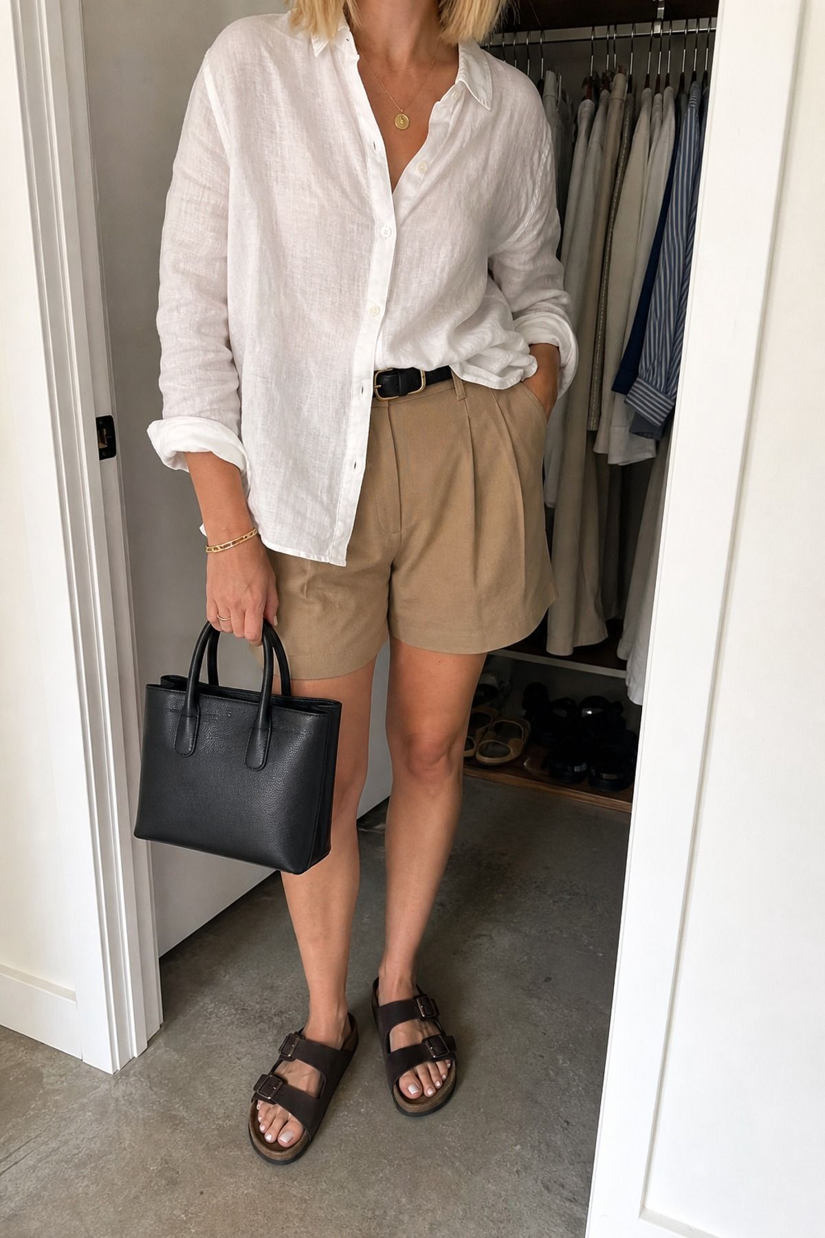Woman wearing tailored shorts with Birkenstocks