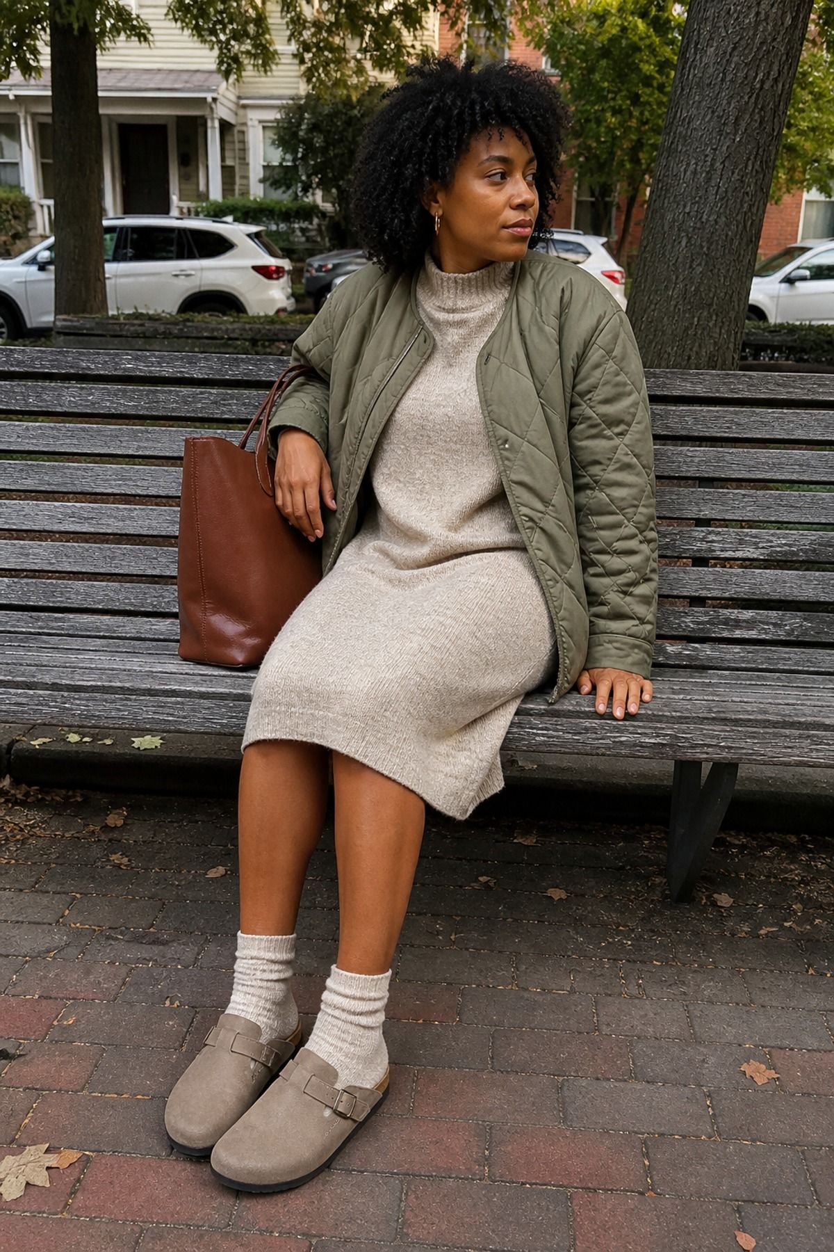 Woman wearing a sweater dress with Birkenstock clogs