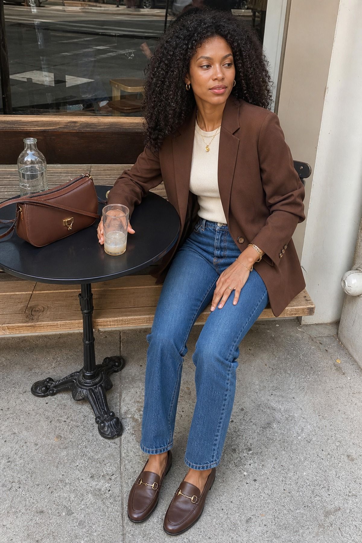 Woman wearing a brown blazer with blue jeans