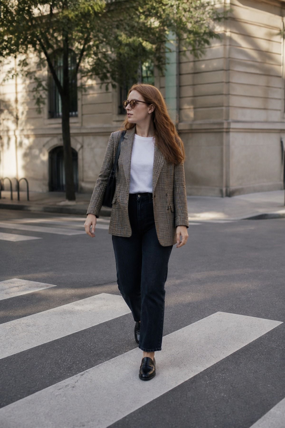 Woman wearing a plaid blazer with dark denim