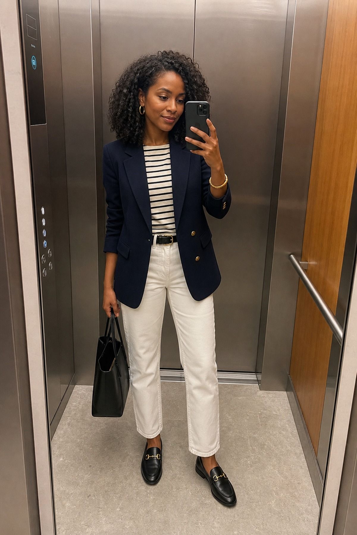 Woman wearing a navy blazer with white jeans