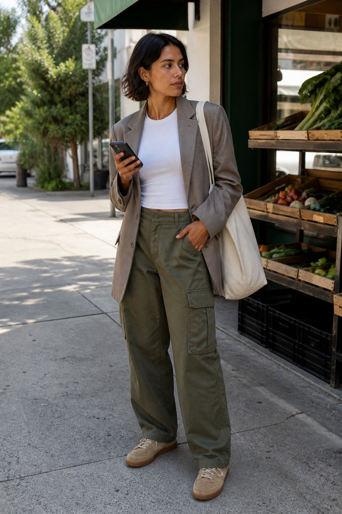 Woman wearing a blazer with cargo pants and a fitted tee