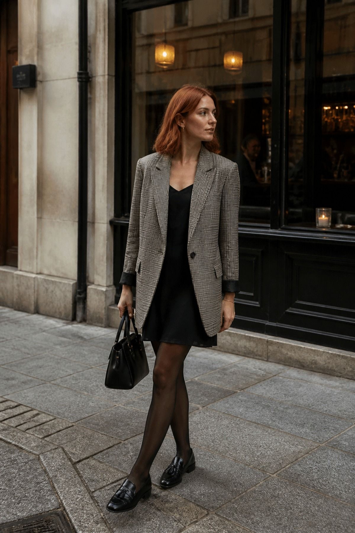 Woman wearing a checked blazer with a black dress