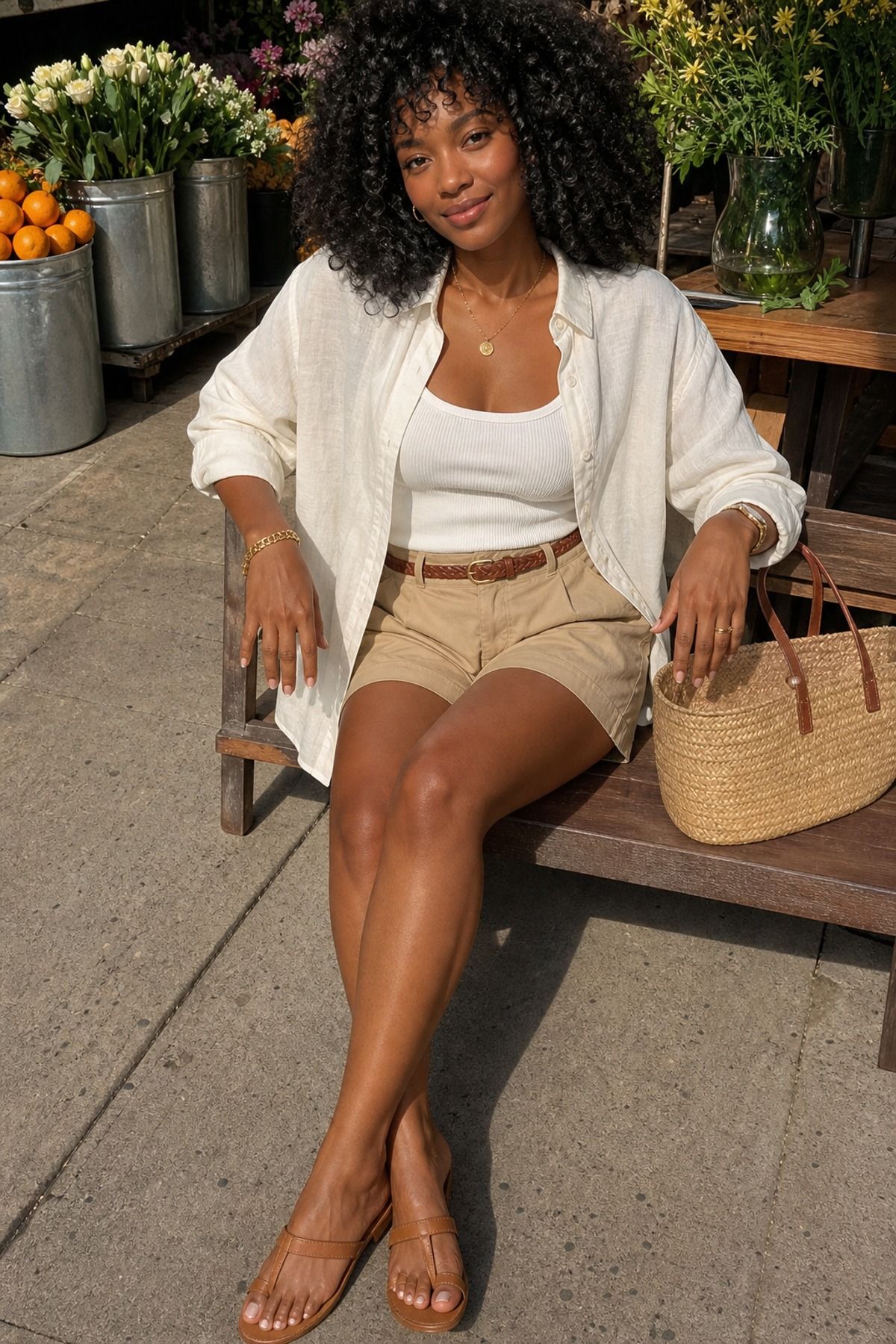 Woman wearing a linen button-down shirt over a tank and shorts