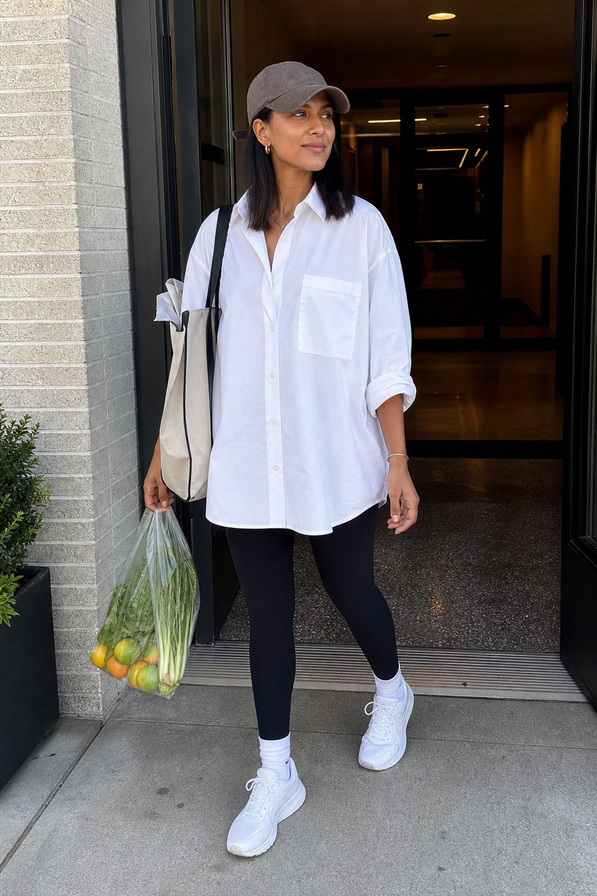 Woman wearing an oversized button-down shirt with leggings