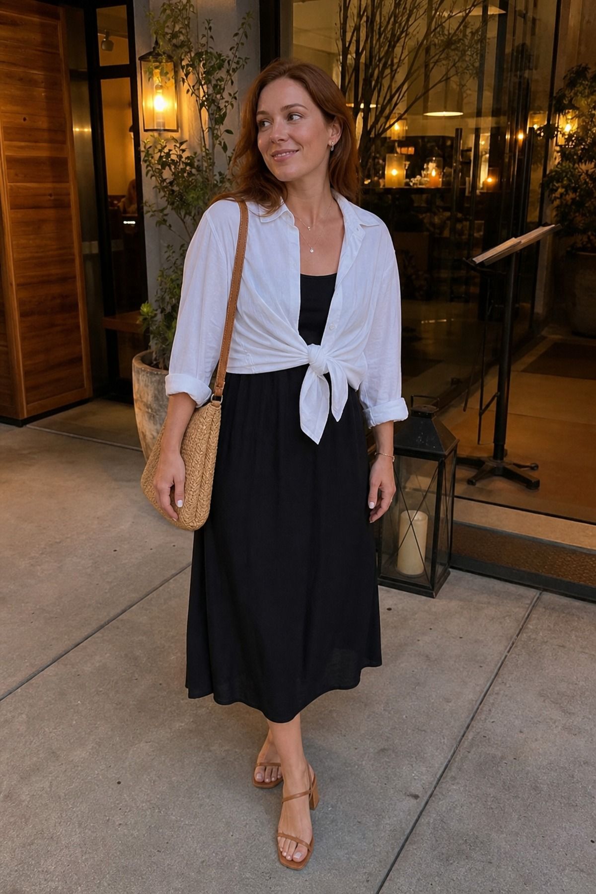 Woman wearing a button-down shirt tied over a midi dress