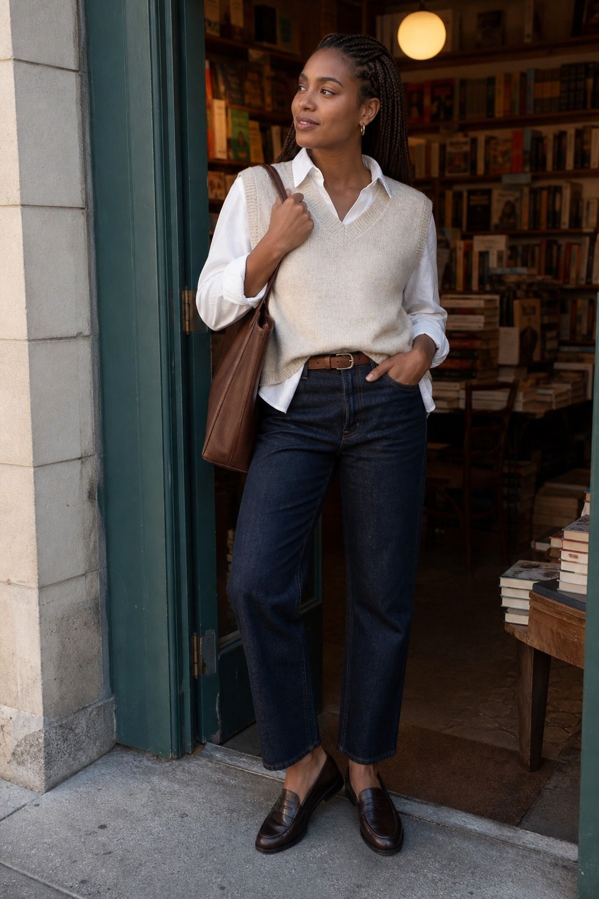 Woman wearing a button-down shirt under a sweater vest