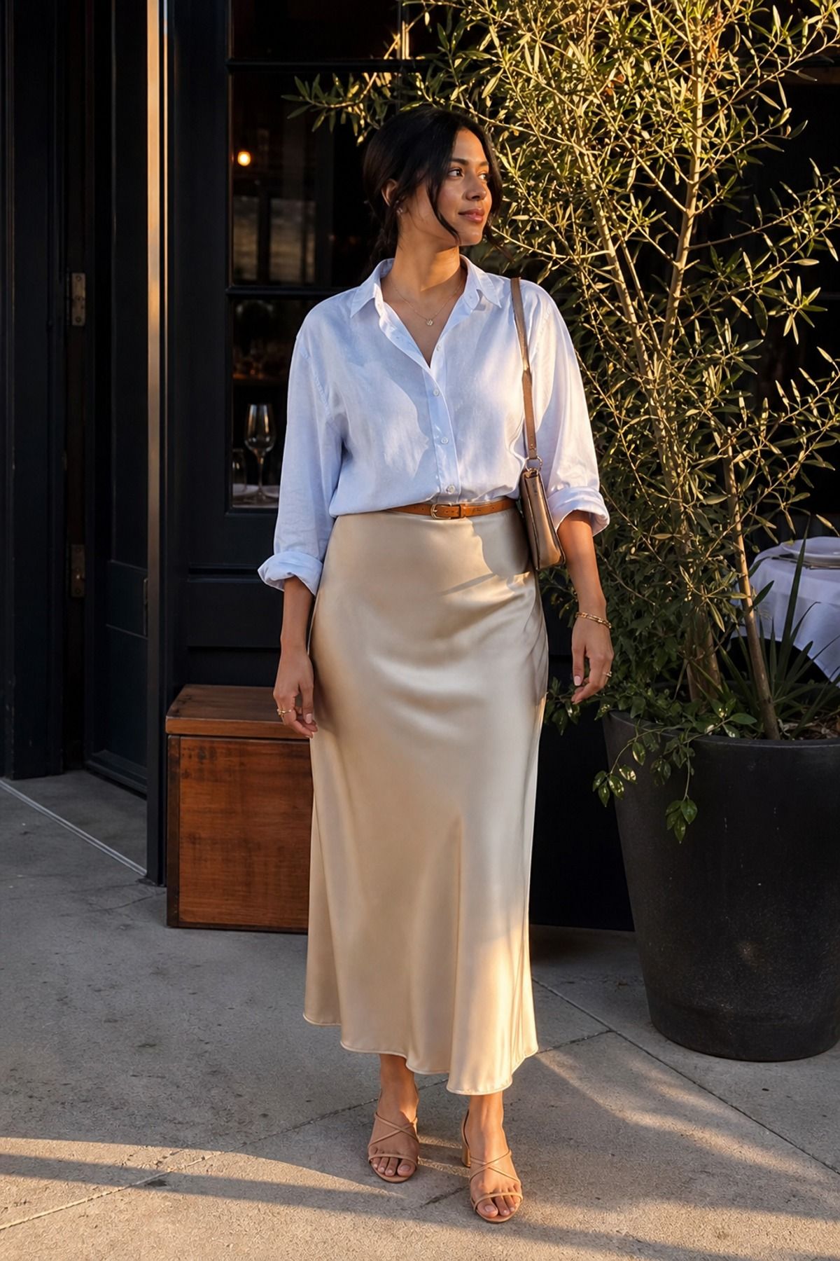 Woman wearing a button-down shirt with a slip skirt