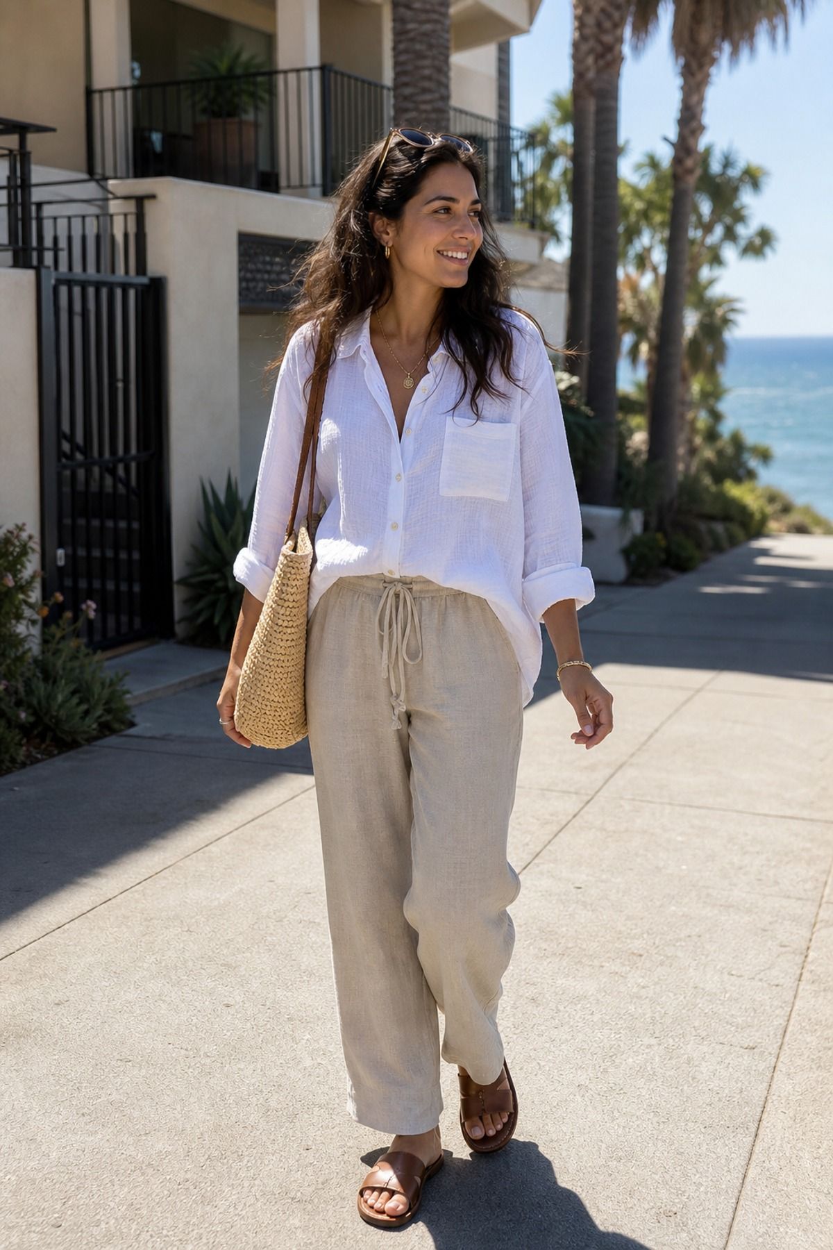Woman wearing a gauze button-down shirt with linen pants