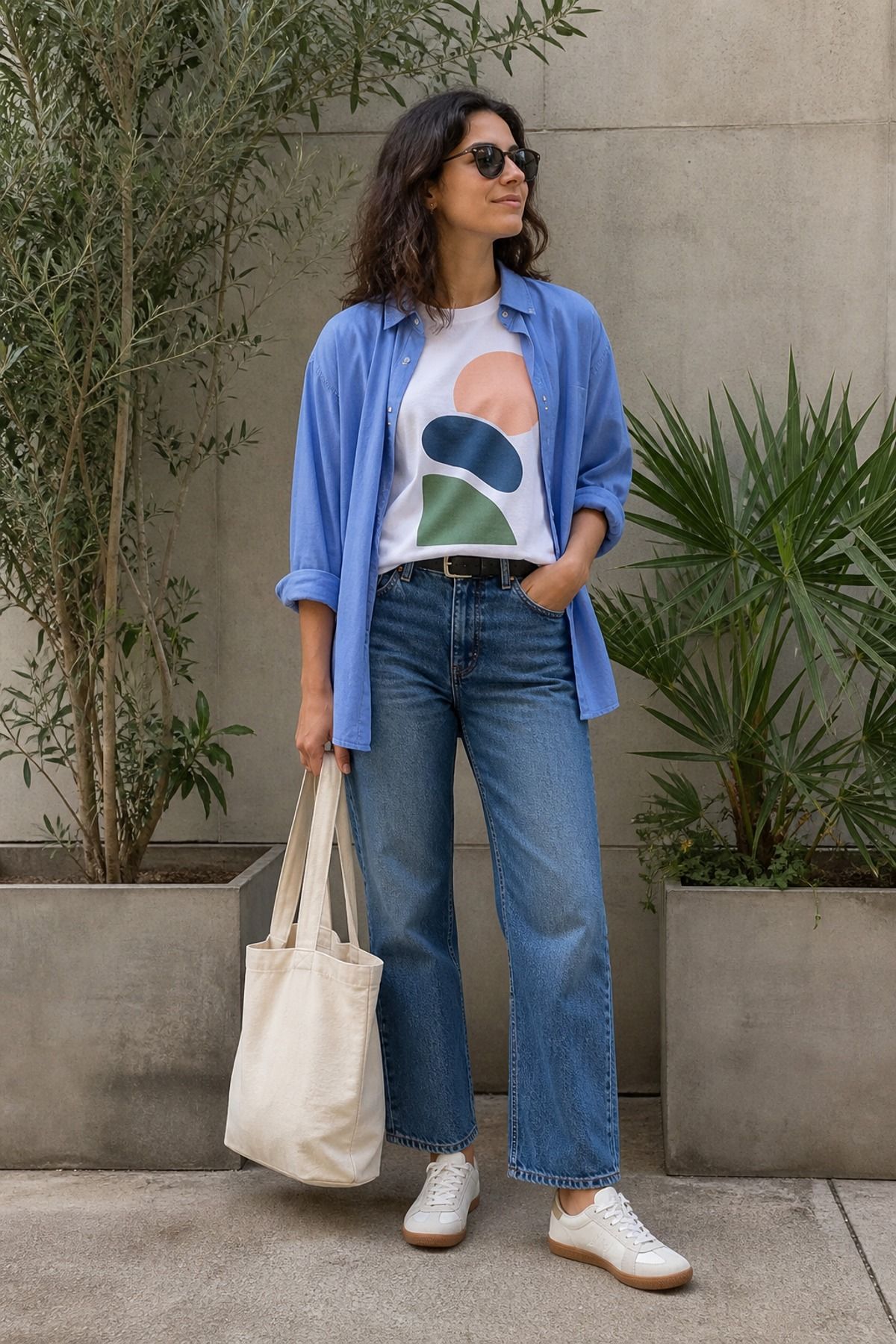 Woman wearing a button-down shirt open over a graphic tee