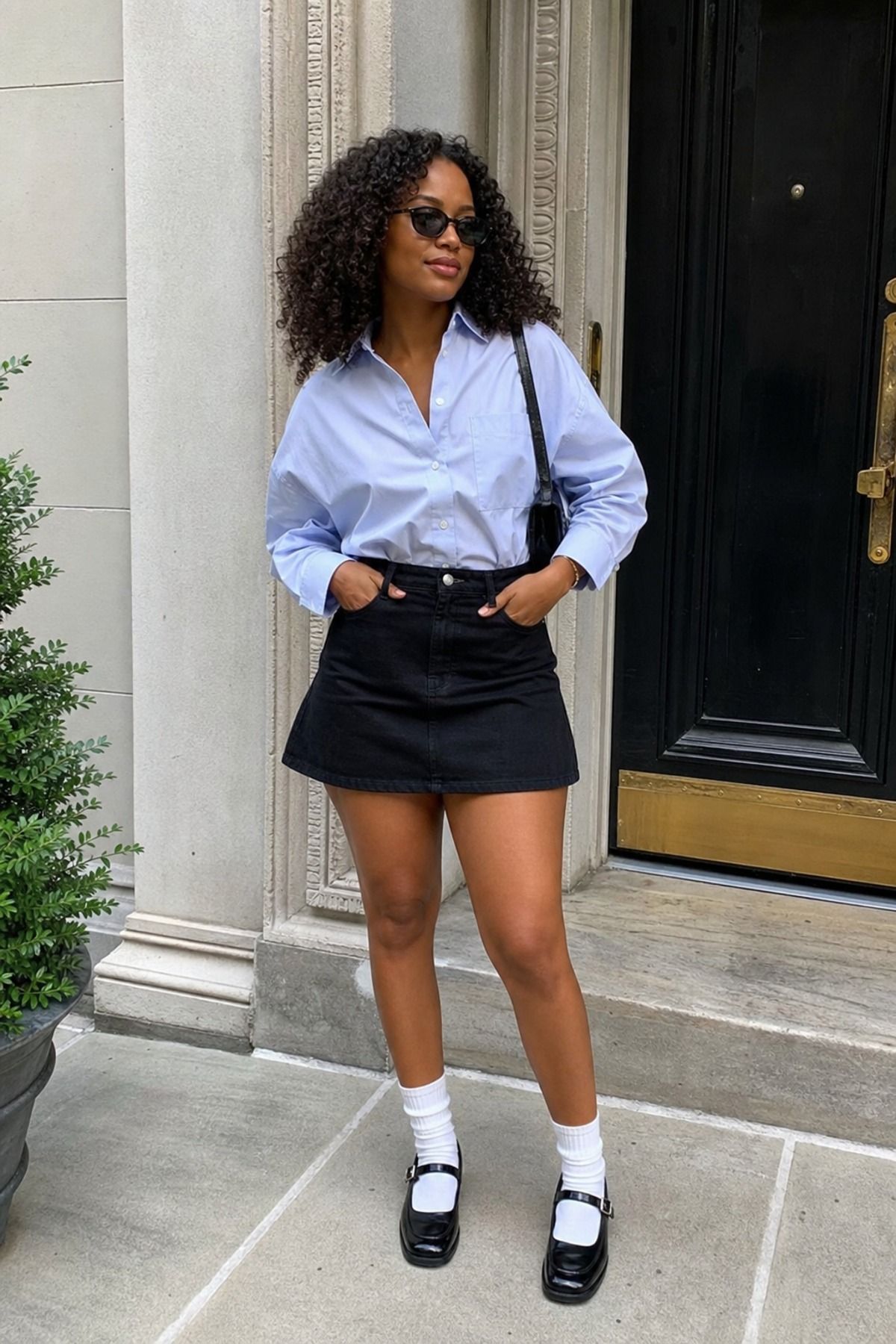 Woman wearing a button-down shirt with a mini skirt