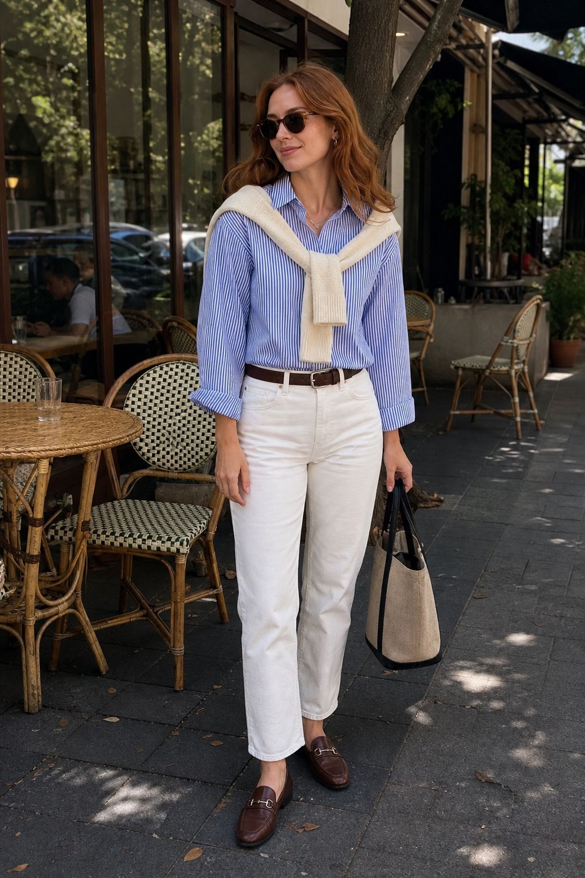 Woman wearing a button-down shirt with a sweater over the shoulders