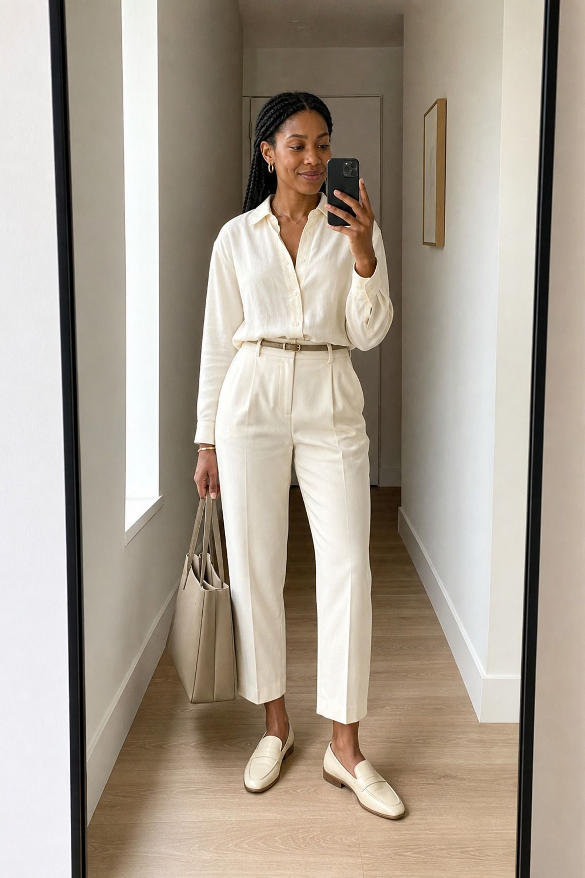 Woman wearing a monochrome button-down shirt outfit with trousers
