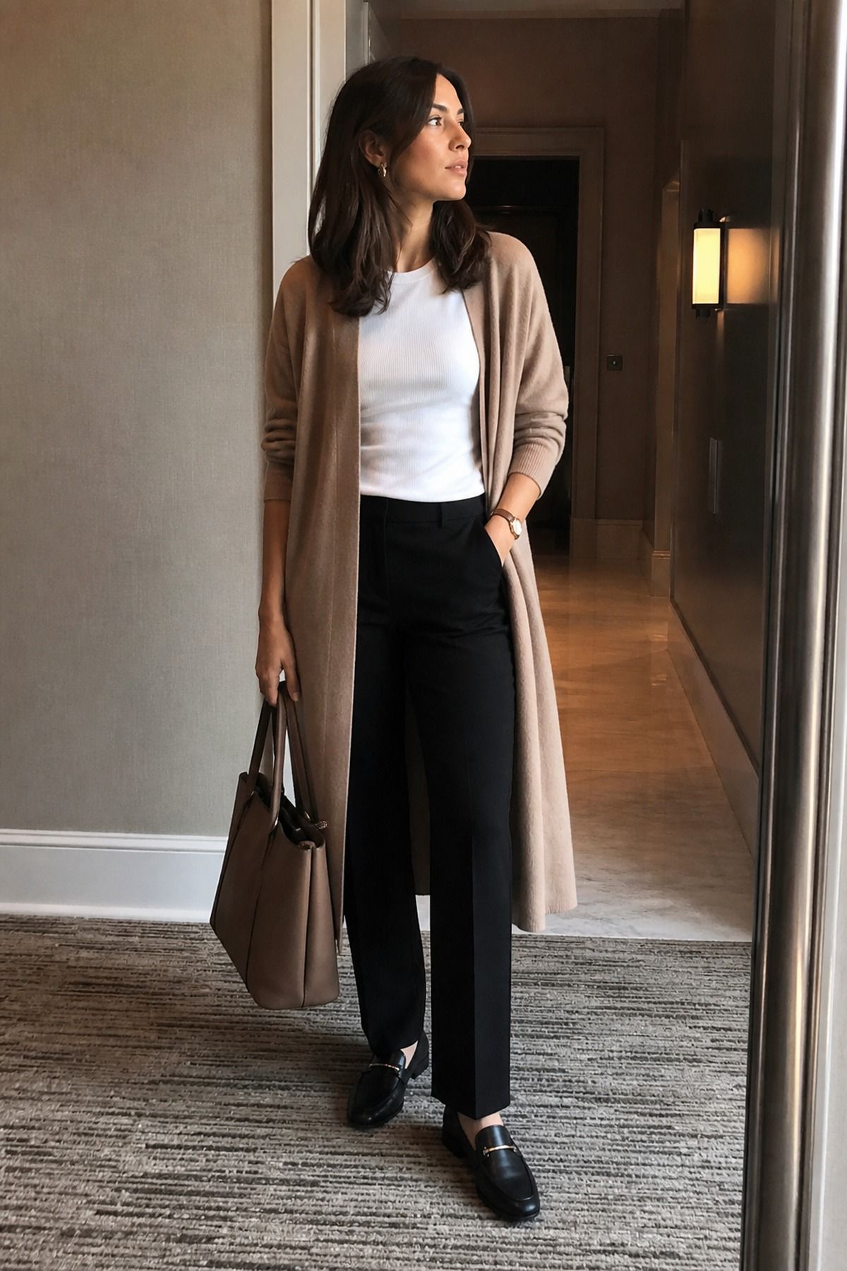 Woman in a long camel cardigan worn open over a white tee with black straight trousers, black loafers and a brown tote in a hallway