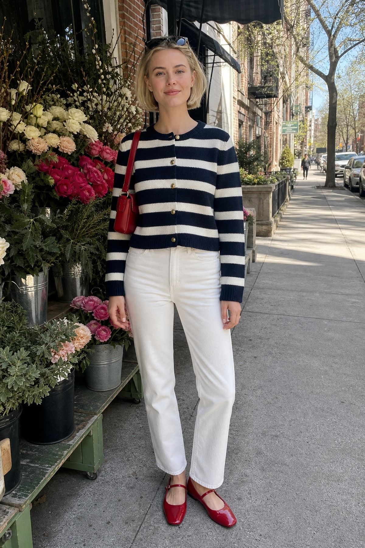 Woman in a navy and cream striped cardigan with white straight jeans, red Mary Janes and a red bag in front of a flower stall