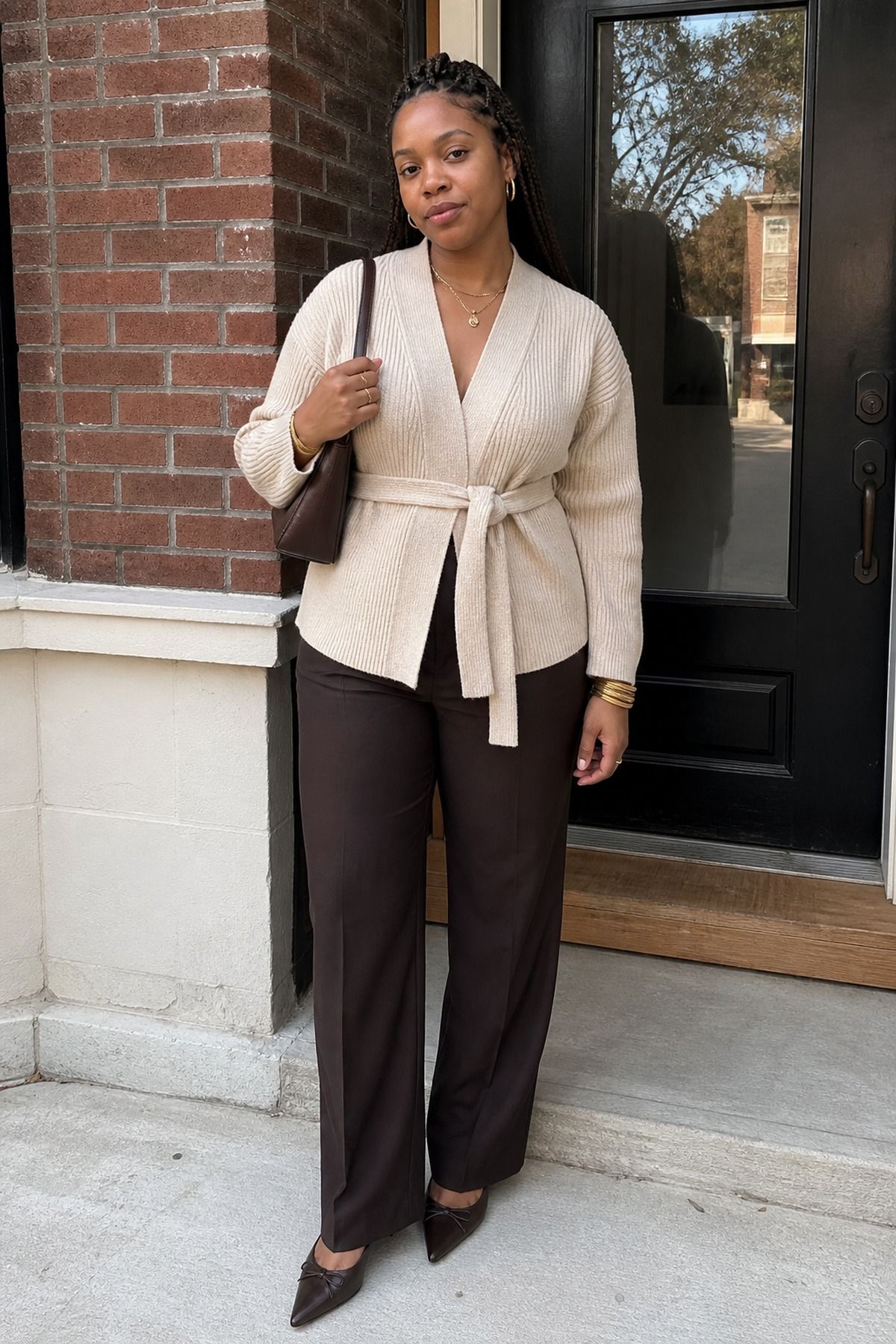 Woman in an oatmeal belted wrap cardigan with chocolate brown straight trousers, black pointed flats and a brown bag outside a brick building