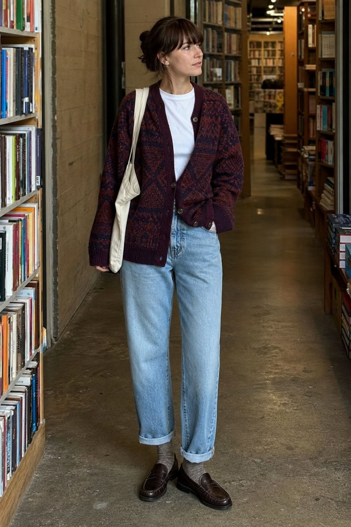Woman in a burgundy and navy patterned grandpa cardigan over a white tee with cuffed light-wash relaxed jeans, gray socks and brown loafers in a bookstore