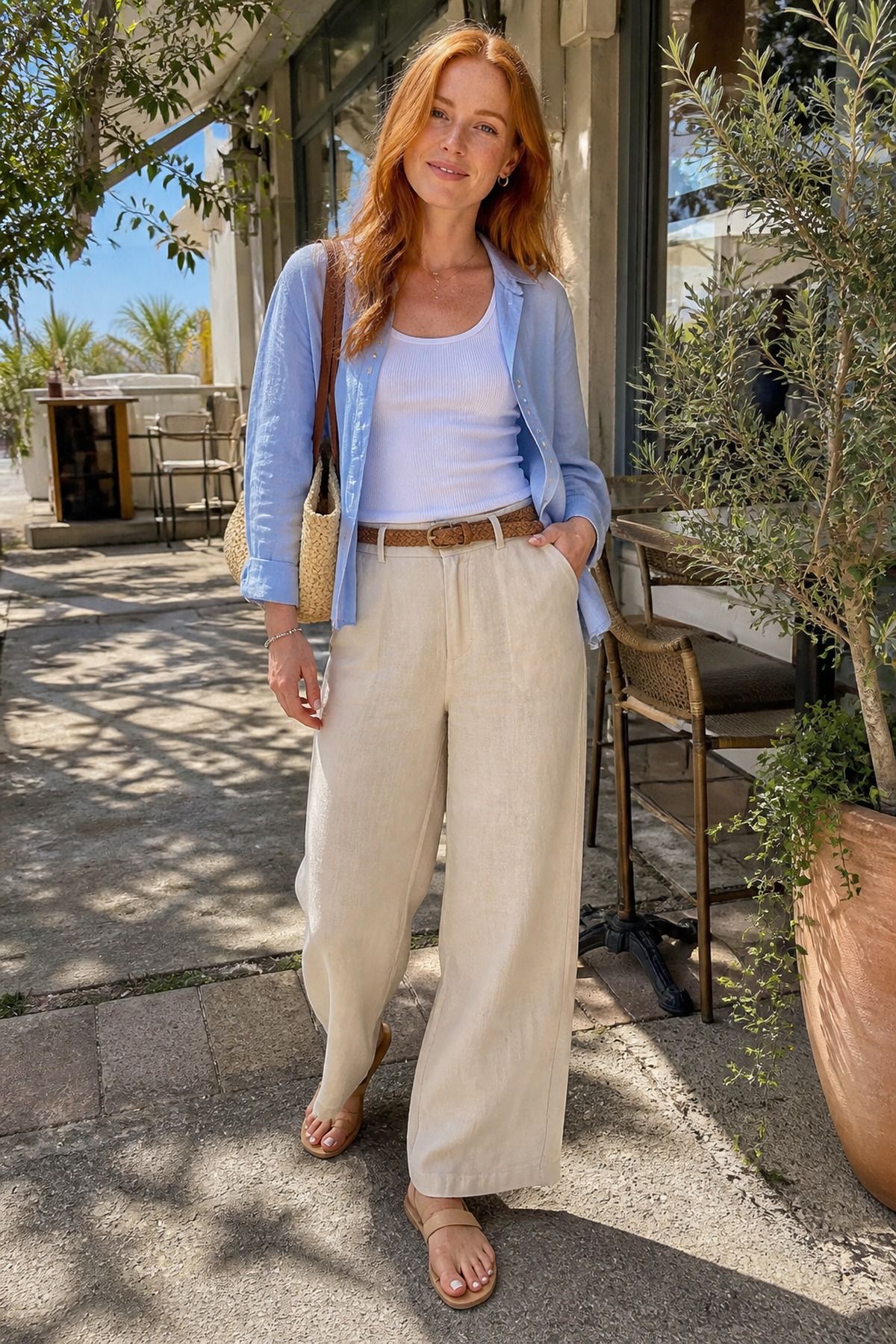 Woman in a light blue linen shirt worn open over a white tank with cream linen wide pants, a tan belt and flat sandals on a sunny terrace