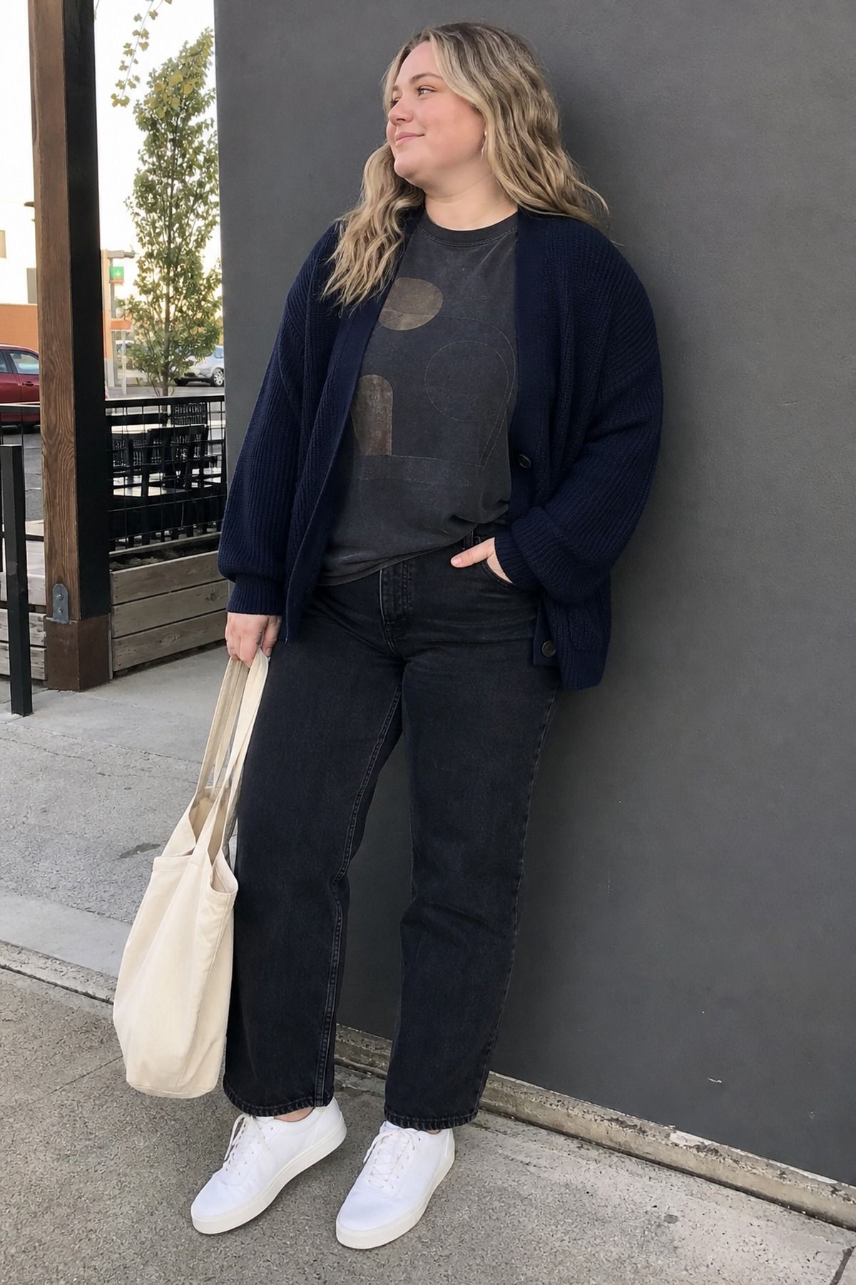 Woman in a navy oversized cardigan over a charcoal graphic tee with black straight jeans, white sneakers and a canvas tote against a gray wall