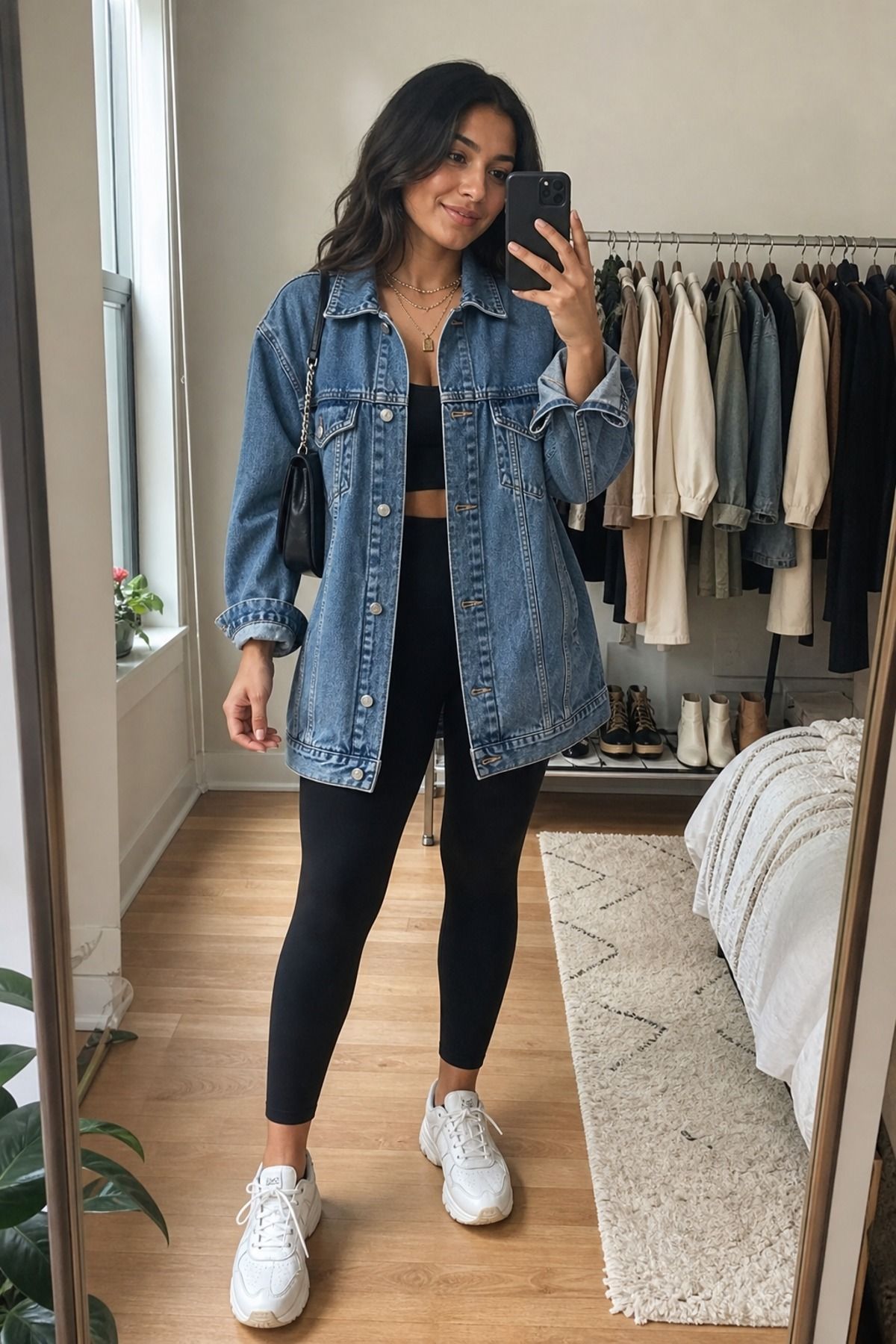 Woman wearing an oversized denim jacket with leggings and sneakers