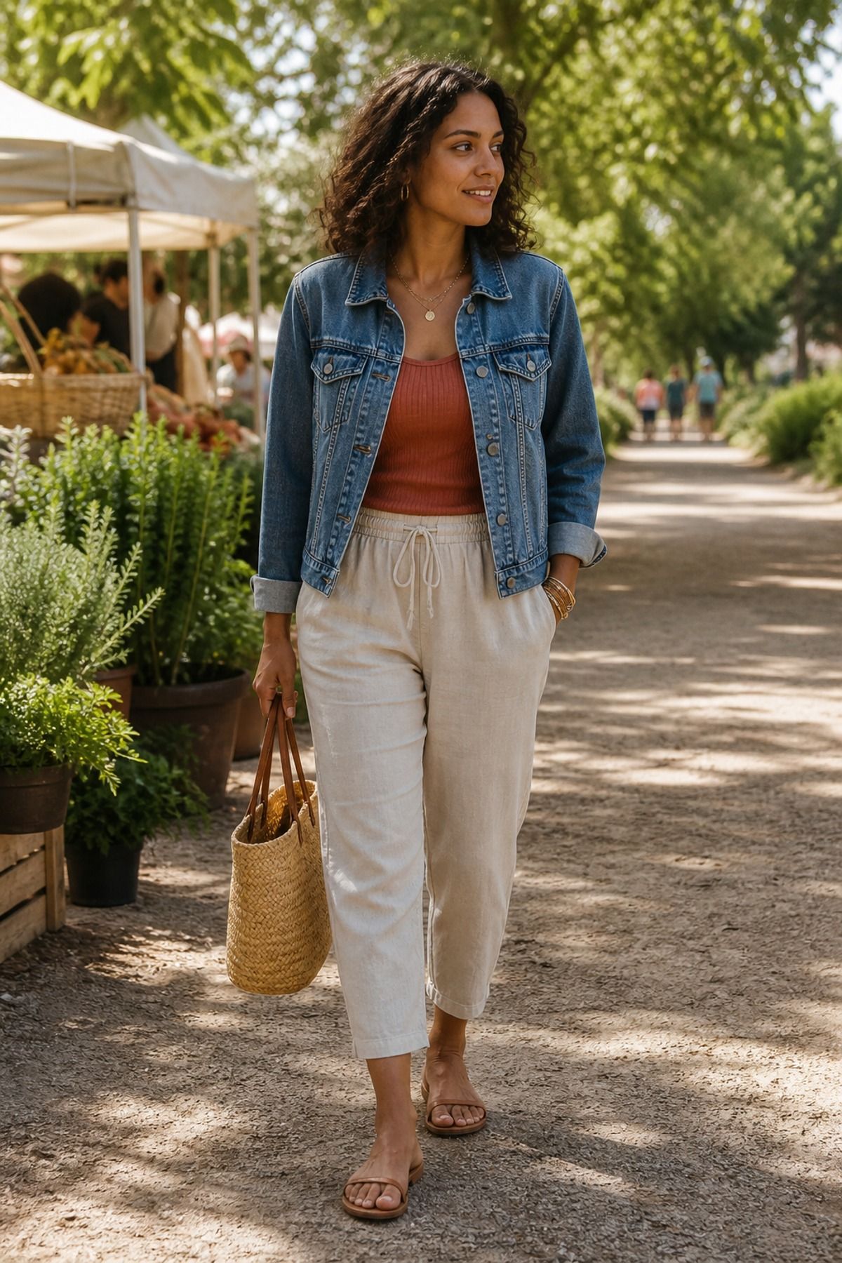 Woman wearing a denim jacket with linen pants and a tank