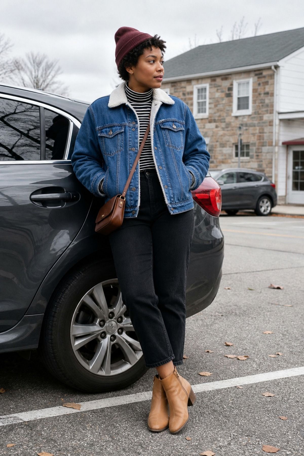 Woman wearing a sherpa denim jacket with black jeans