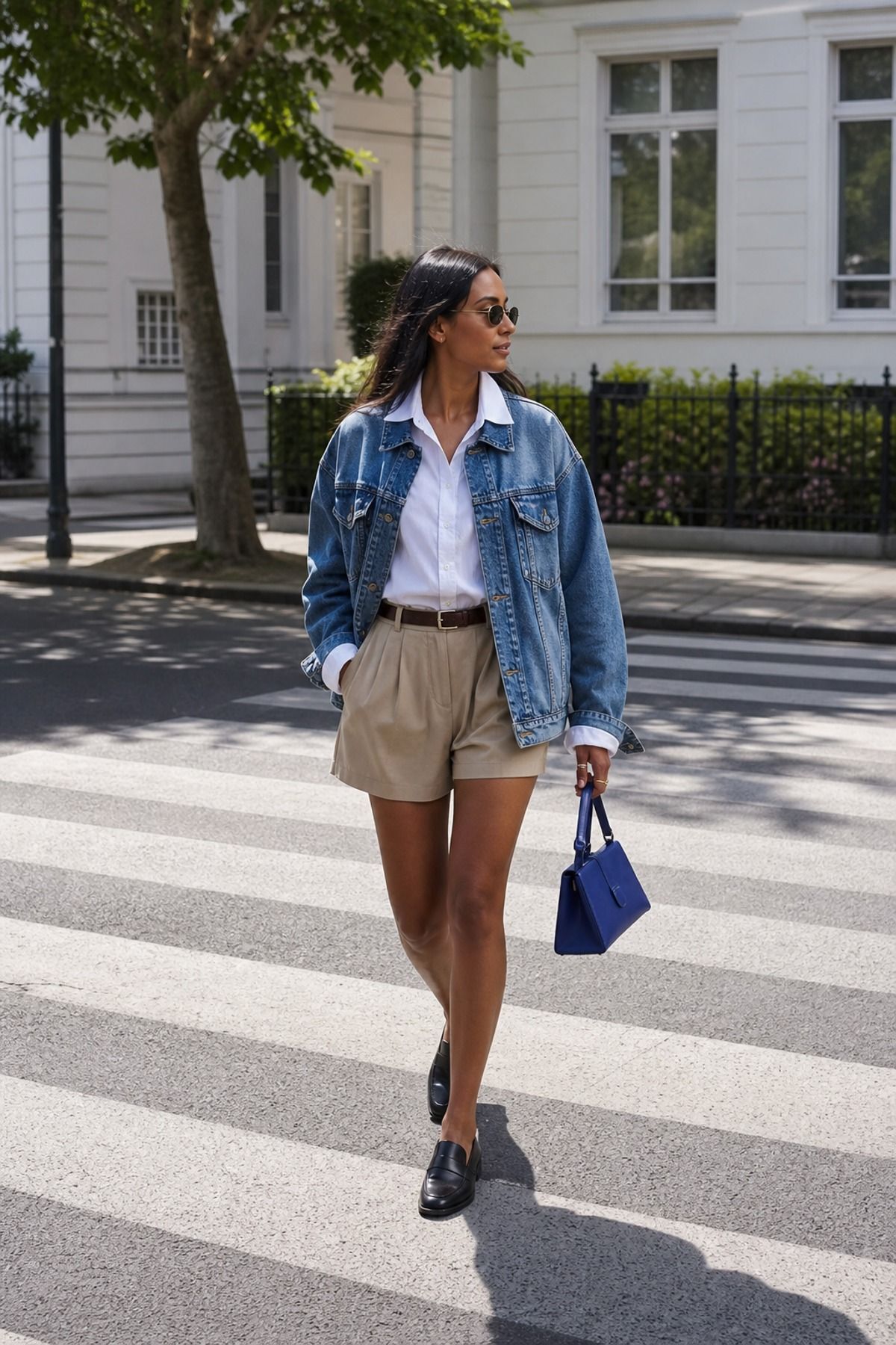 Woman wearing a denim jacket with tailored shorts