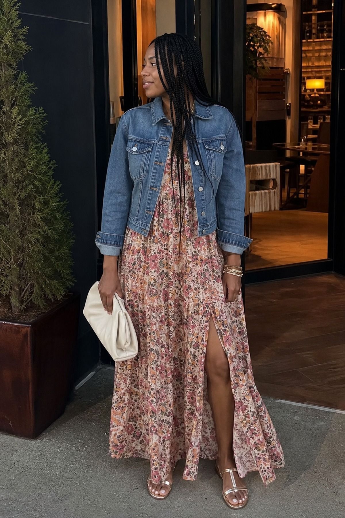 Woman wearing a denim jacket with a maxi dress
