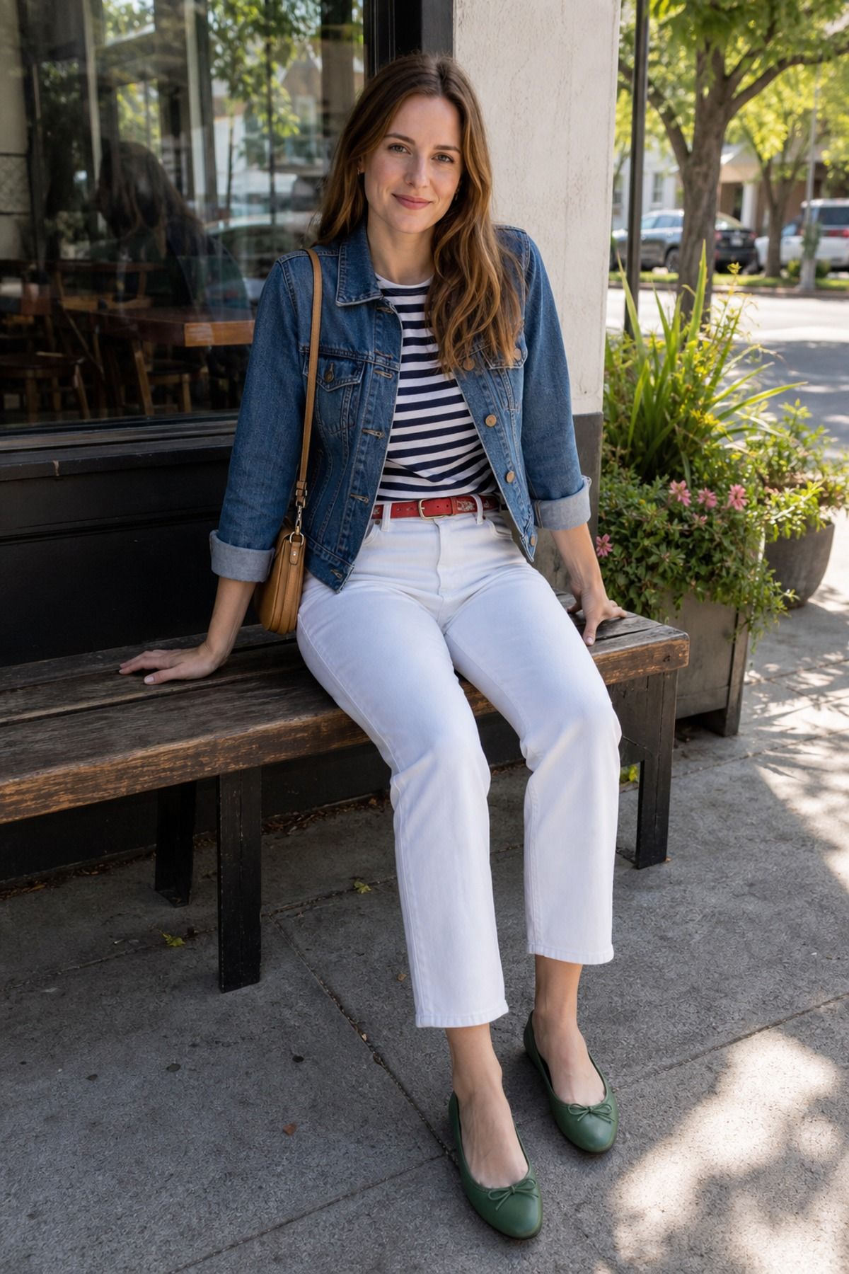 Woman wearing a denim jacket with white jeans and a striped top