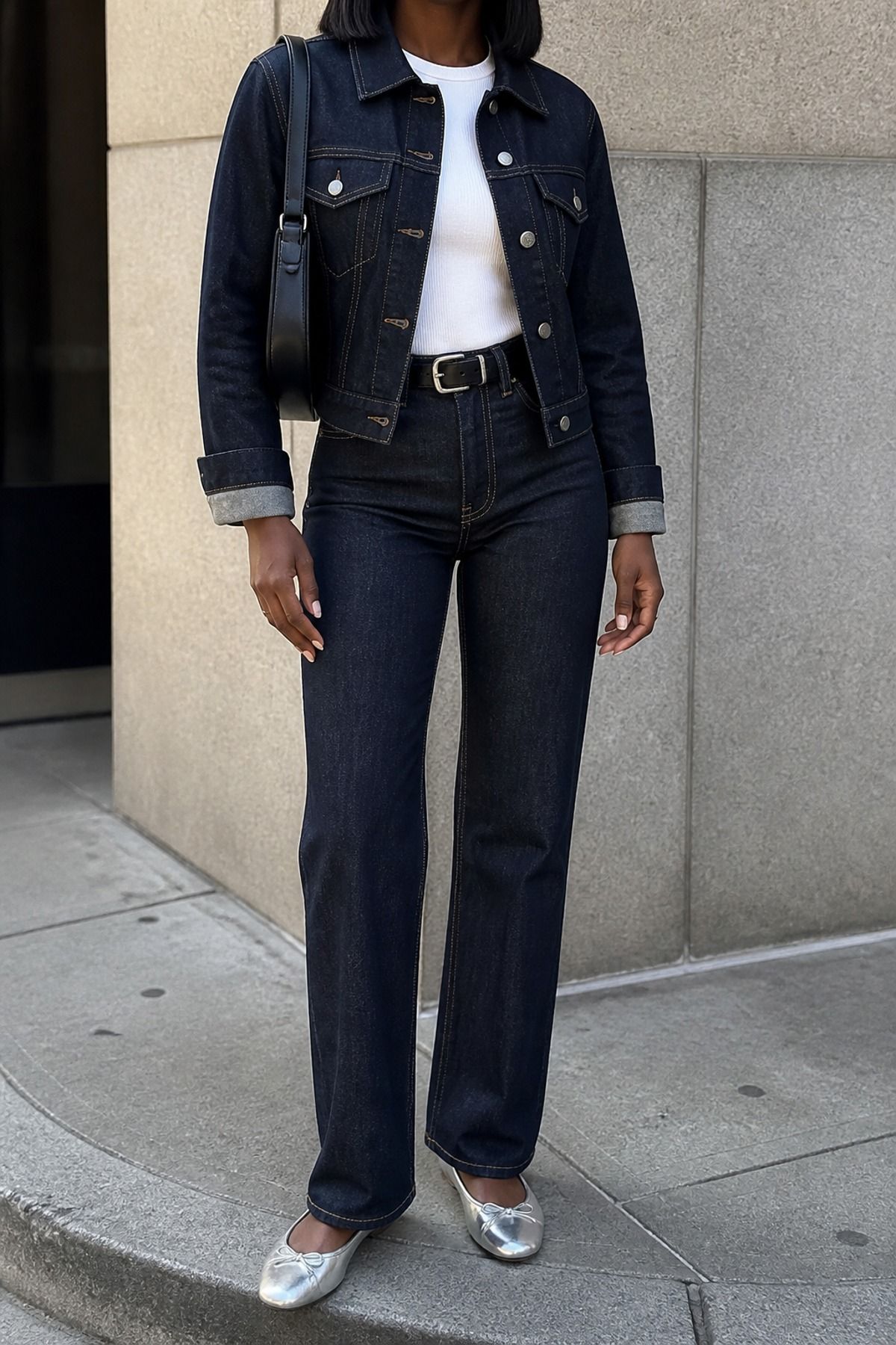 Woman wearing a monochrome denim jacket outfit with matching washes