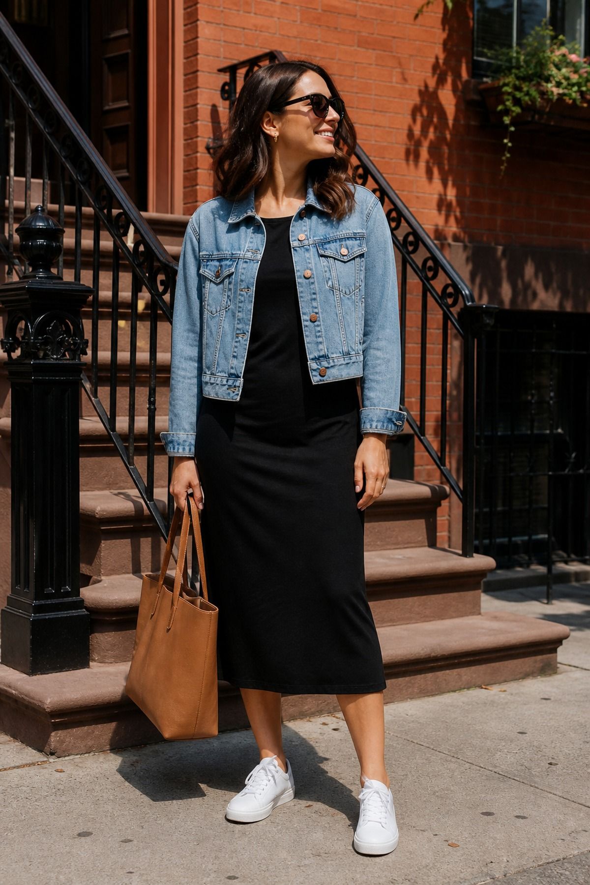 Woman wearing a black dress with white sneakers