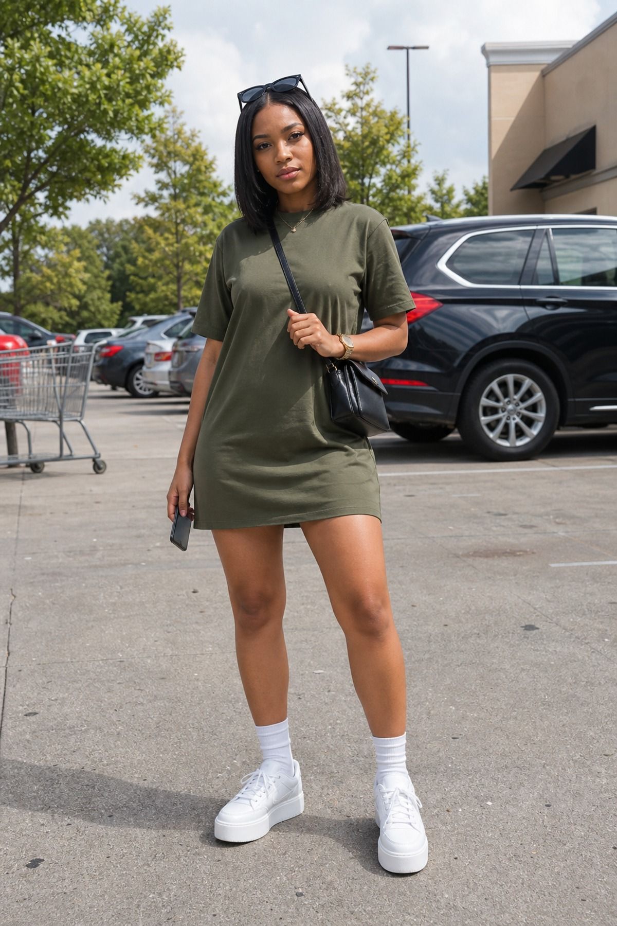 Woman wearing a T-shirt dress with platform sneakers